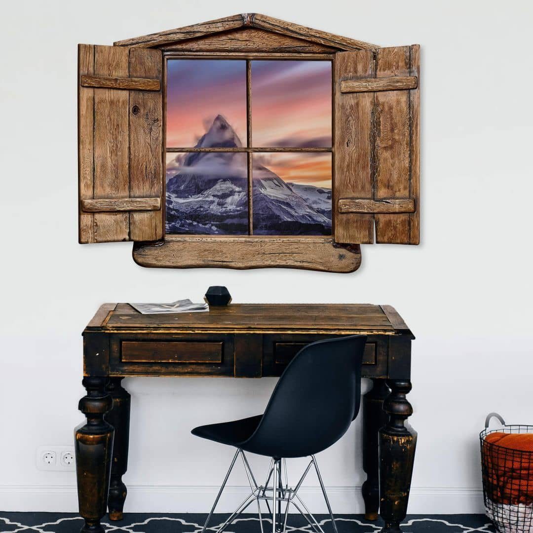 Aufkleber Abenddämmerung, selbstklebend Vintage Berg Art Wandbild Hütte Holzfenster Wandtattoo K&L Wall Wandtattoo 3D Bergspitze