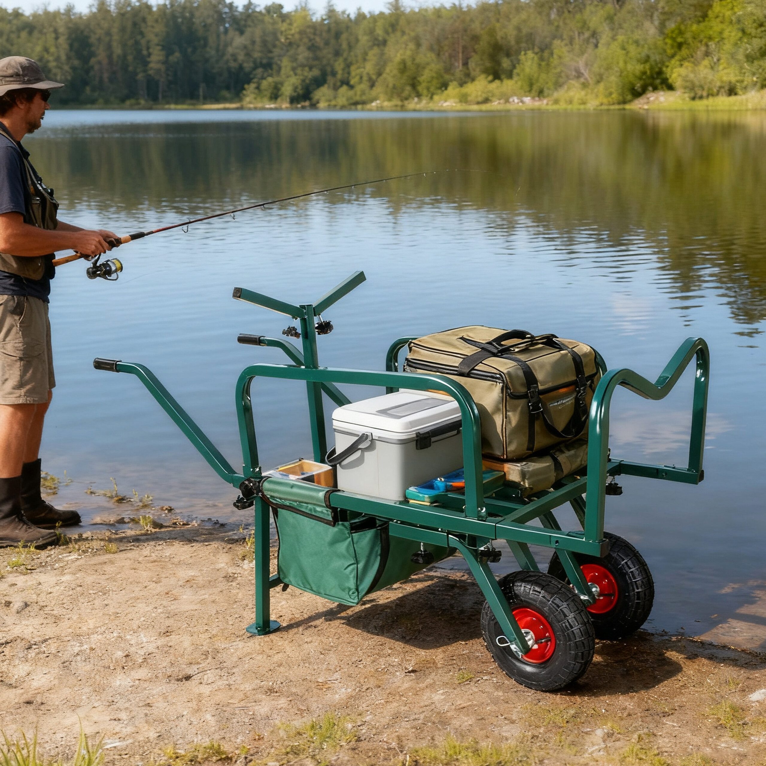 relaxdays Transportkarren Angelwagen Transportwagen mit Tasche, grün