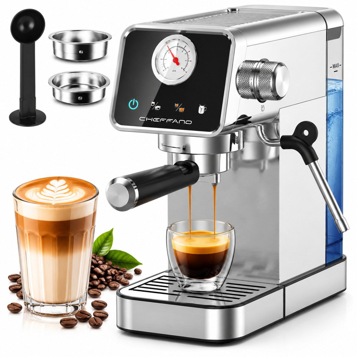 CHEFFANO Siebträgermaschine 20 Bar, Edelstahl Espressomaschine mit Milchaufschäumer, Extraktion