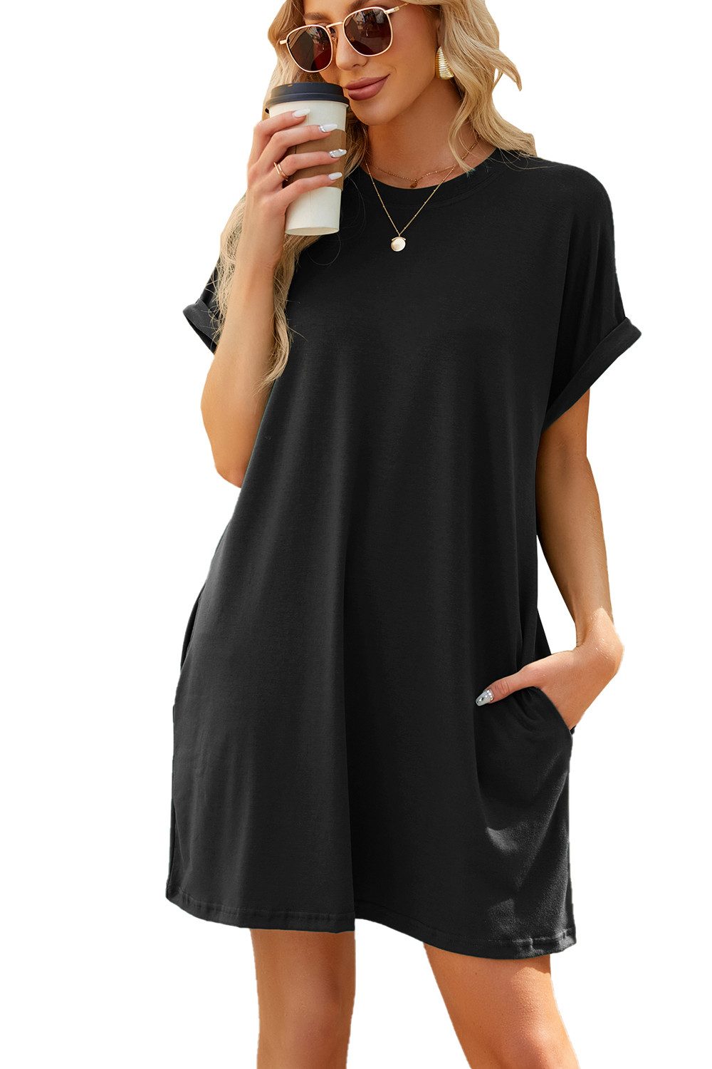 B.X Sommerkleid Damen Freizeit Minikleid einfarbig Strandkleid Rundhals Blusenkleid T-Shirt-Kleid lockere Passform schwingendes Cocktailkleid Taschenkleid