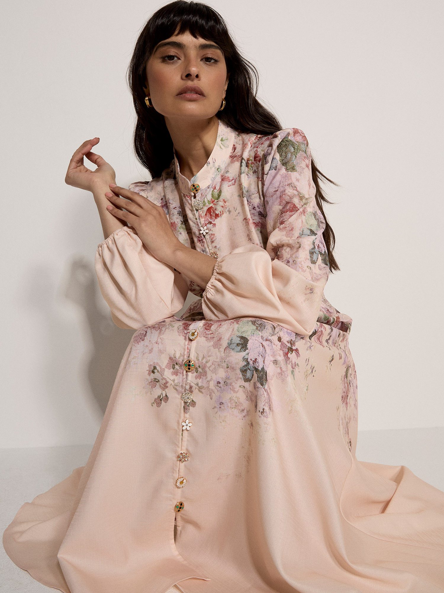 Apricot Hemdblusenkleid Vintage-Midi-Kleid mit Blumenmuster Dekorative Knöpfe