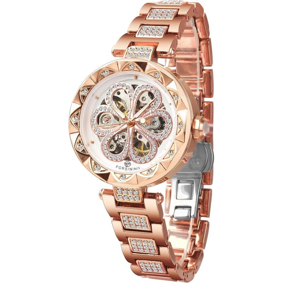 Rötting Design Automatikuhr Damenuhr Marke Forsining Rhinestone Besatz goldrosefarbenes Design, weißes Ziffernblatt, Handgelenkumfang 16 bis 20 cm wählbar