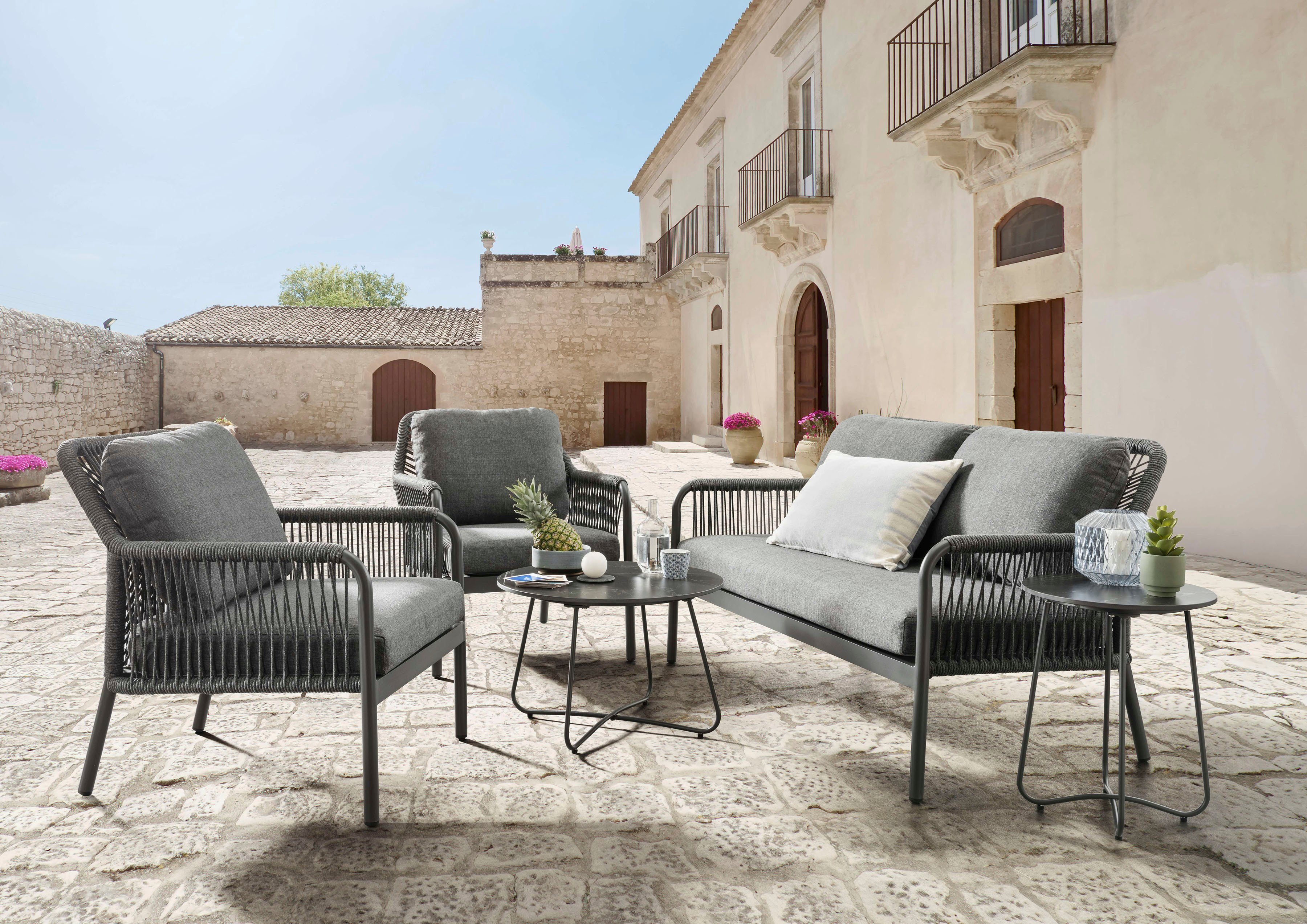 Destiny Gartenlounge-Set GENUA, (Set, 12-tlg), 1 Sofa, 2 Sessel, 2 Tische Ø 60x40 u. Ø 40x50 cm, anthrazit