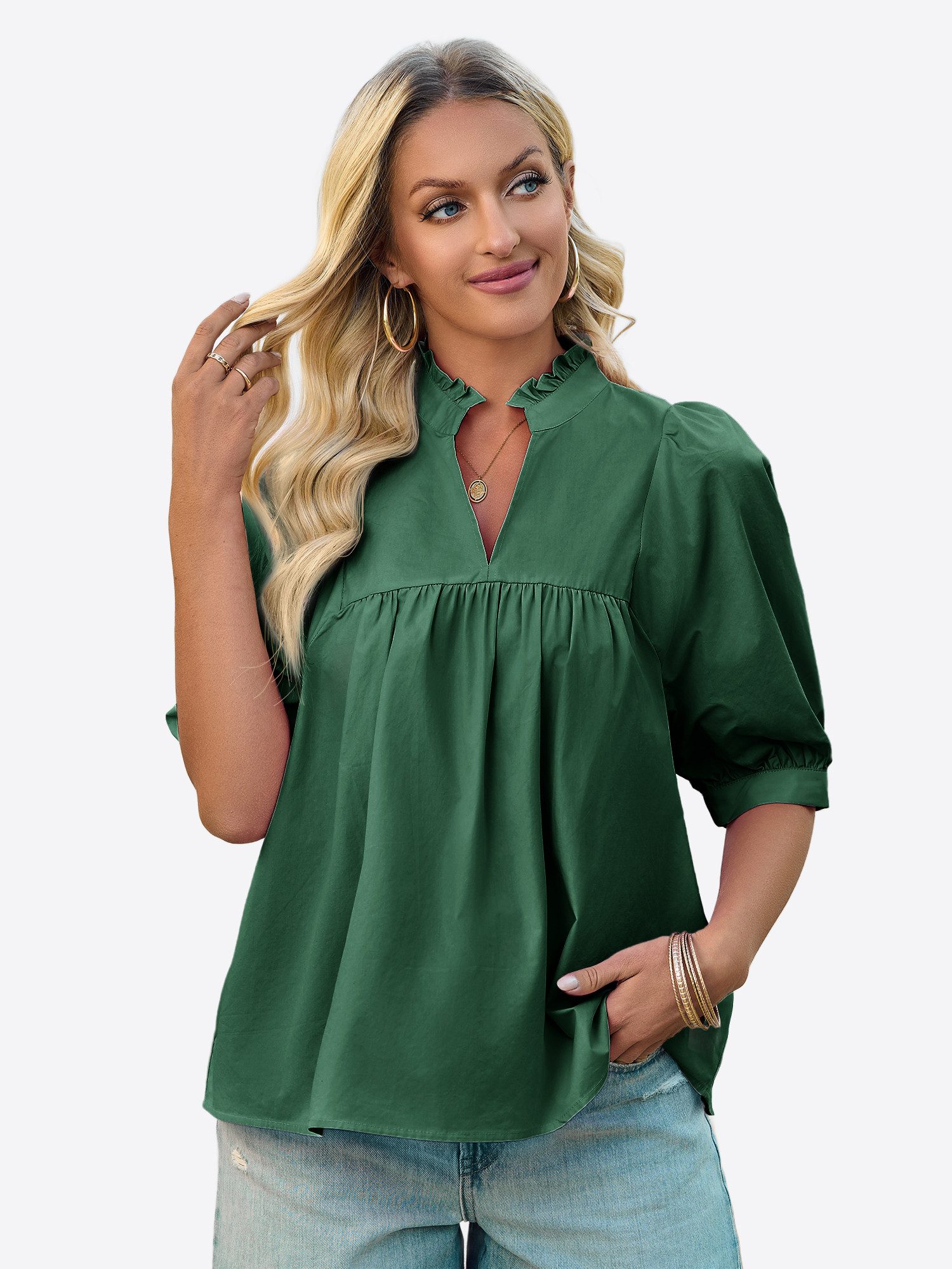 Imily Bela Blusentop Damen V-Ausschnitt Bluse mit Puffärmeln (Packung, 1-tlg., 1per-Pack) Rüschen Besatzung
