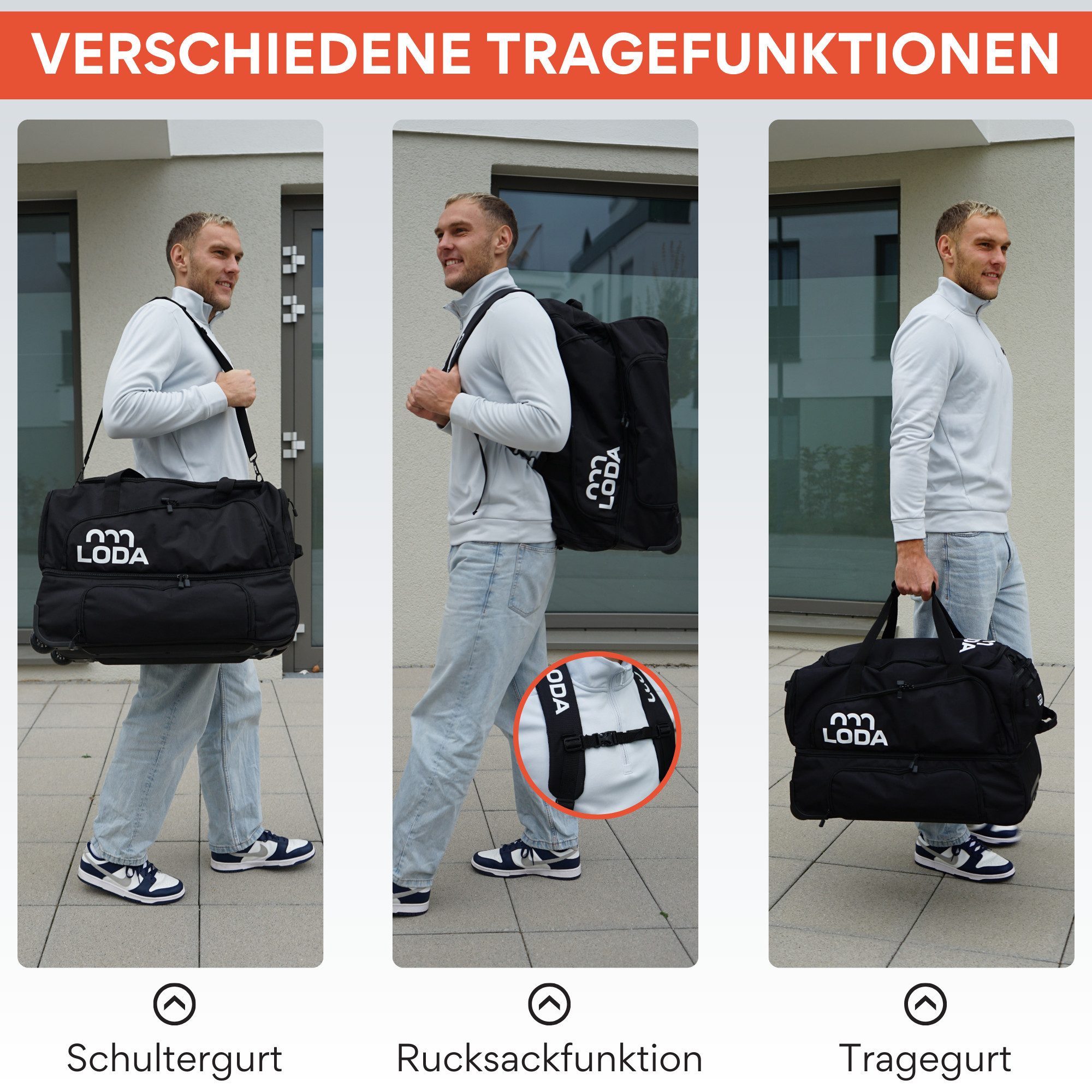 LODA sports Reisetasche trolley 75L - Trolleytasche mit Rollen, Koffergriff & Rucksackfunktion, 60 cm (L) x 34 cm (B) x 37 cm (H), 75 Liter Volumen
