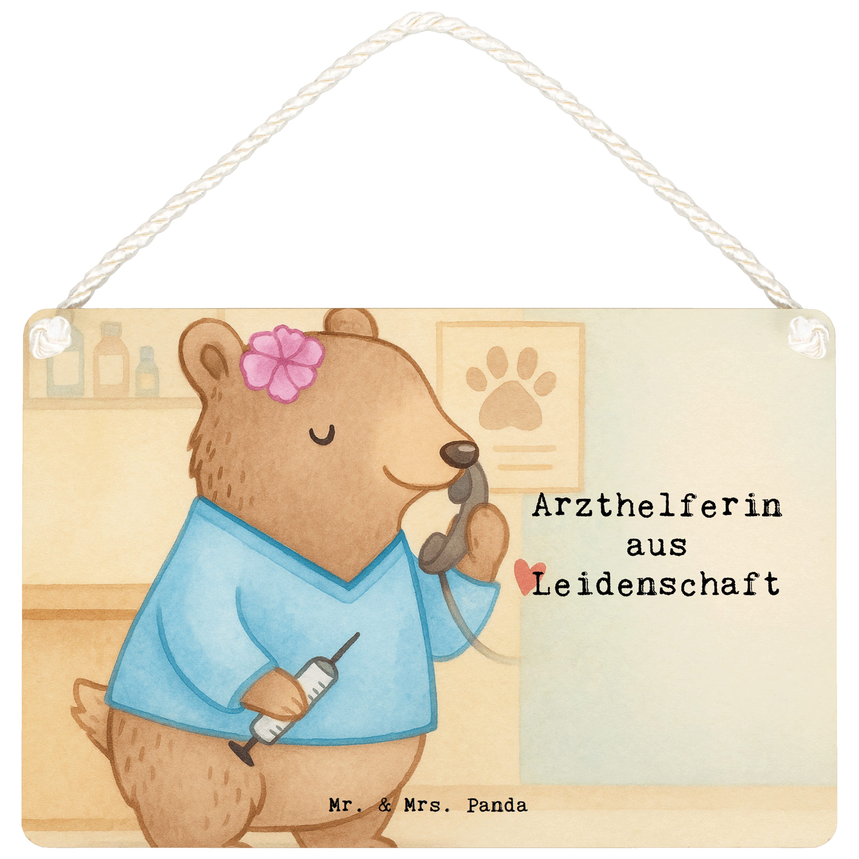 Mr. & Mrs. Panda Hinweisschild Arzthelferin Leidenschaft Design, Holzschild DIN A6, Weiß, Krankgesch, (Packung), Dekobrett MFA Wandschild