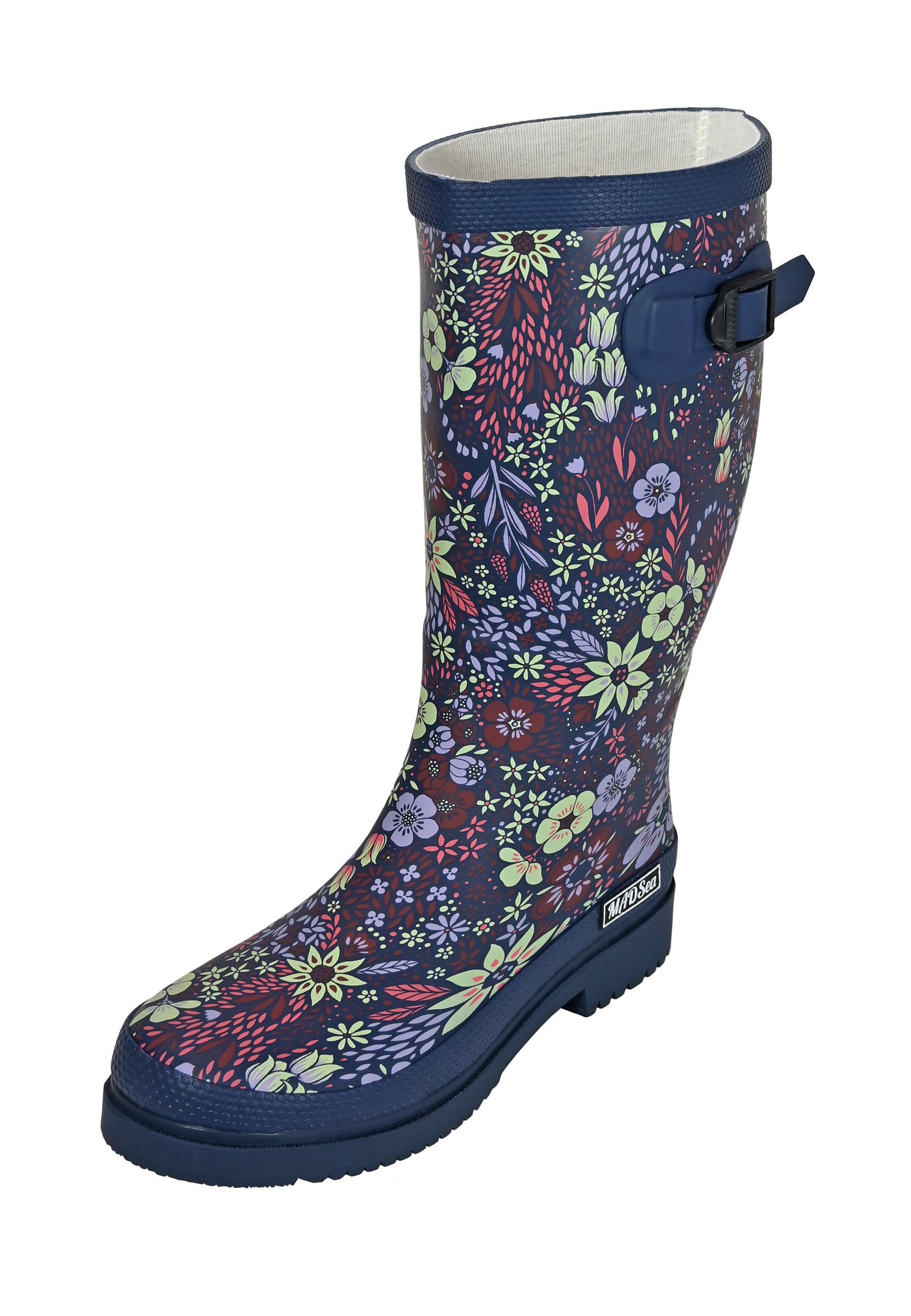 Blumenprint und mit seitlicher MADSea Flower buntem Gummistiefel Zierschnalle