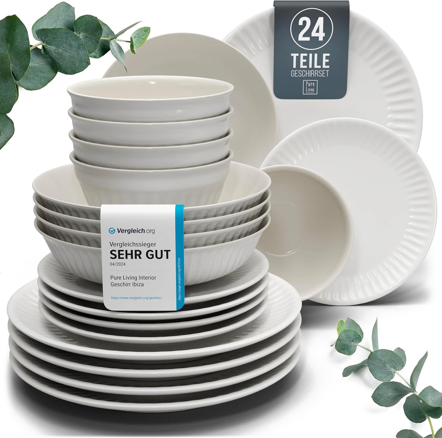 PURE LIVING INTERIOR DESIGN Geschirr-Set Hygge aus Steingut, 24-tlg., für 6 Personen, Hellgrau (24-tlg), 6 Personen, Steingut