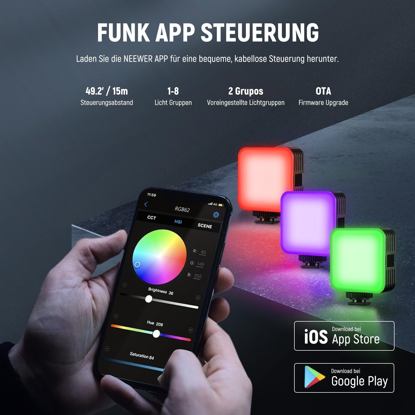 Neewer Videoleuchte RGB62 Magnetisches RGB Videolicht mit APP Steuerung, CRI97+, 2500K-8500K, 2000mAh Akku, Selfie Licht für Fotografie Vlogs – Bild 5 von 5