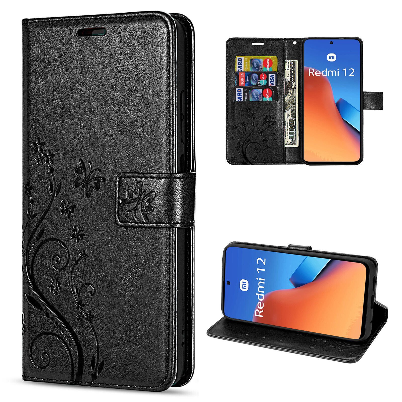 betterfon Handyhülle Handytasche für Xiaomi Redmi 12 Schutzhülle Klapphülle, Bookstyle-Hülle: Magnetverschluss 3 Kartenfächer & Standfunktion