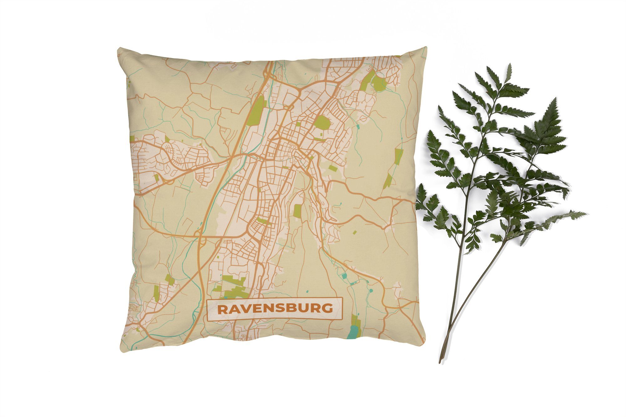 Deko, Zierkissen Karte - Füllung Schlafzimmer, Stadtplan MuchoWow Dekokissen Ravensburg Wohzimmer, - mit - für Vintage, Sofakissen
