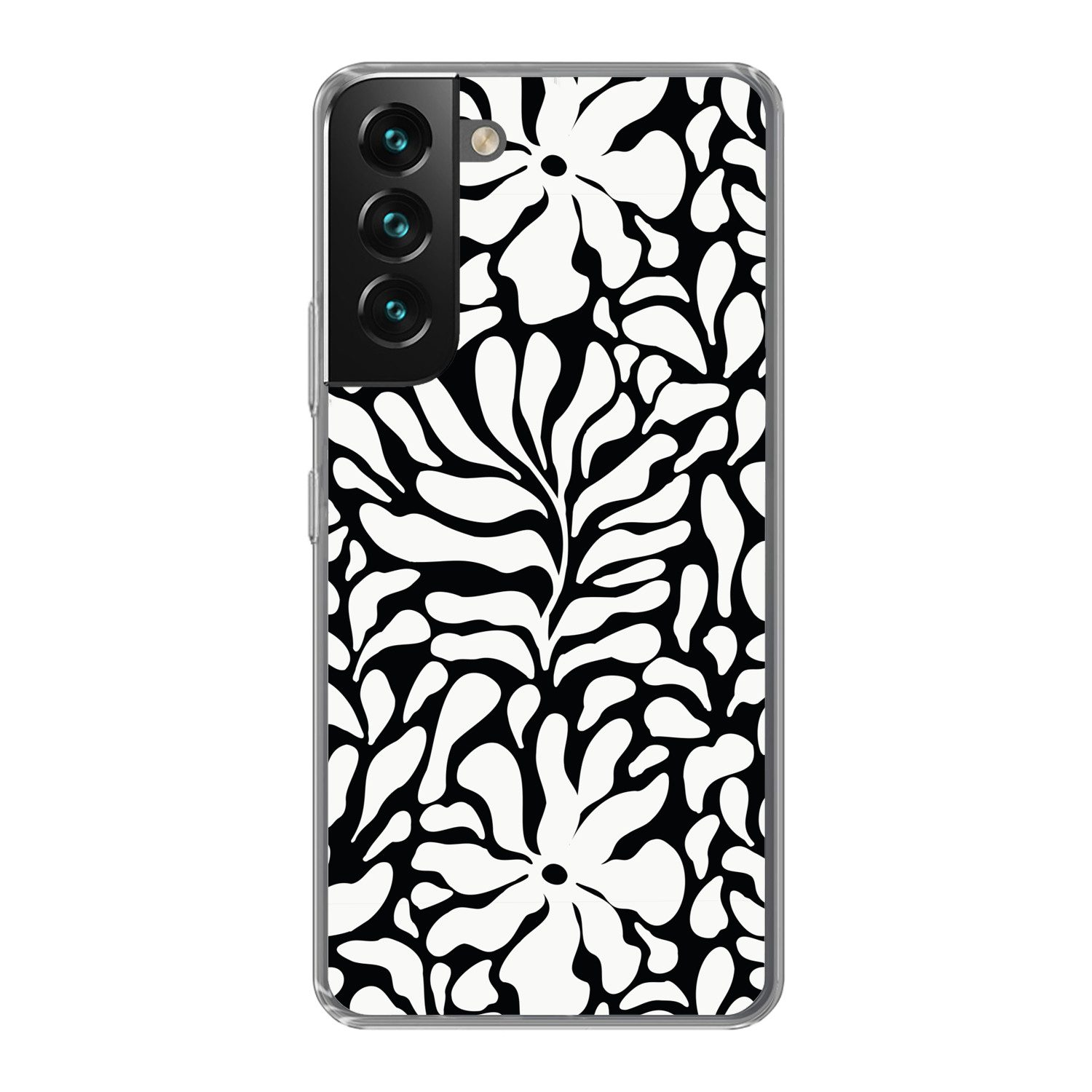 MuchoWow Handyhülle für Samsung Galaxy S22 Blumendruck - Schwarz - Weiß - Blätter, Phone Case, Silikon, Schutzhülle Dünn