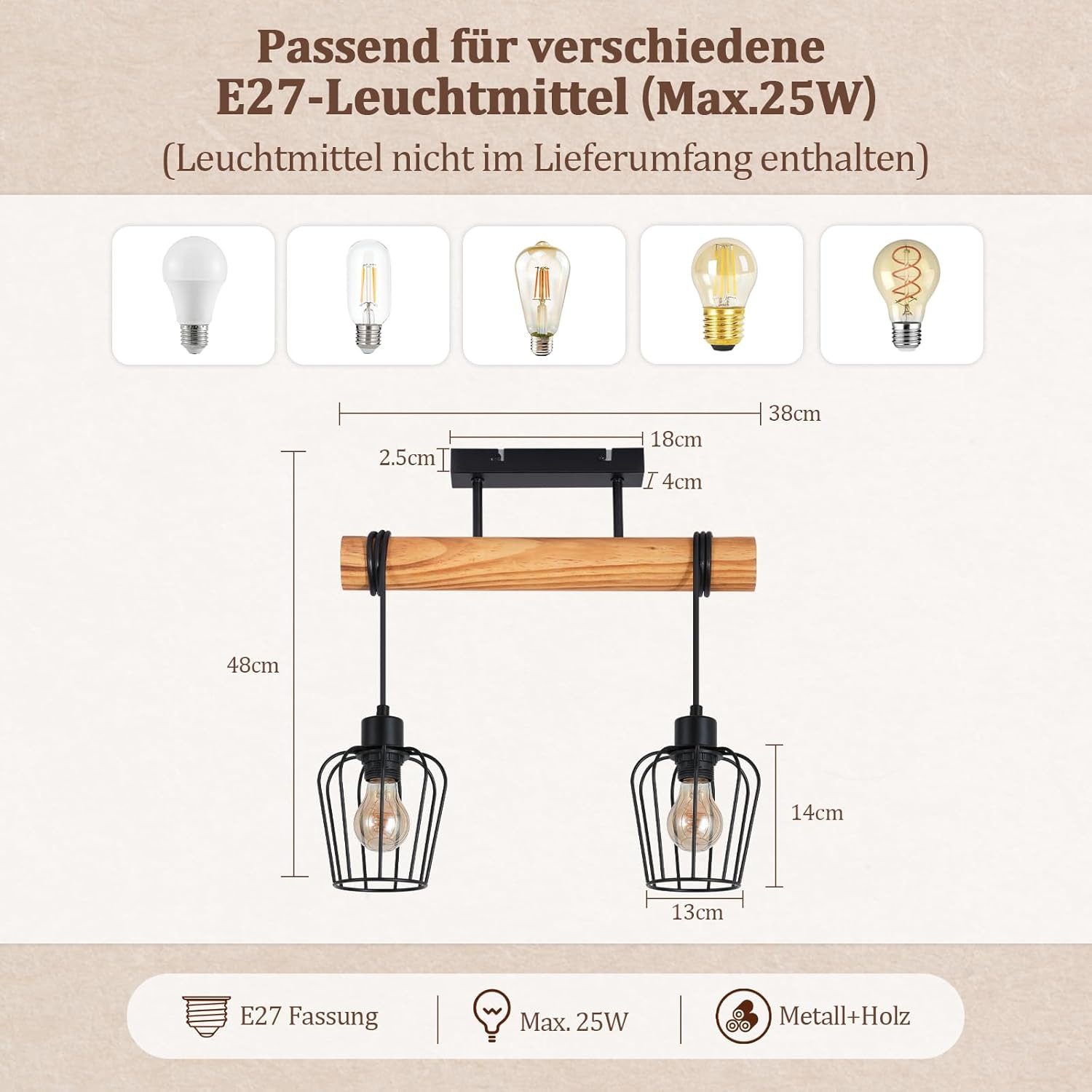 Nettlife Deckenleuchte Holz 3 flammig Retro Schwarz Deckenlampe E27 Industrial, Höhenverstellbar, LED wechselbar, Flur Wohnzimmer Schlafzimmer