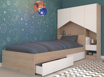 Parisot Komplettschlafzimmer Shelter 8 mit Bett mit 2 Schubkästen + Anstellregal als Überbau, (2-tlg)