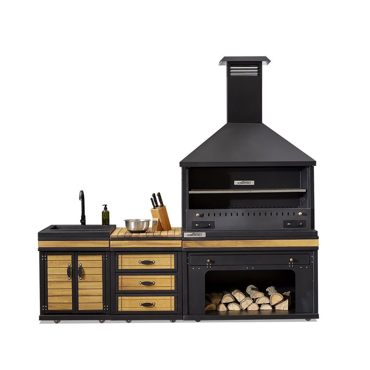 Xlmoebel Outdoor-Küche XLMOEBEL Außenküche aus Holz und Edelstahl in elegantem Schwarz, Made in Europa