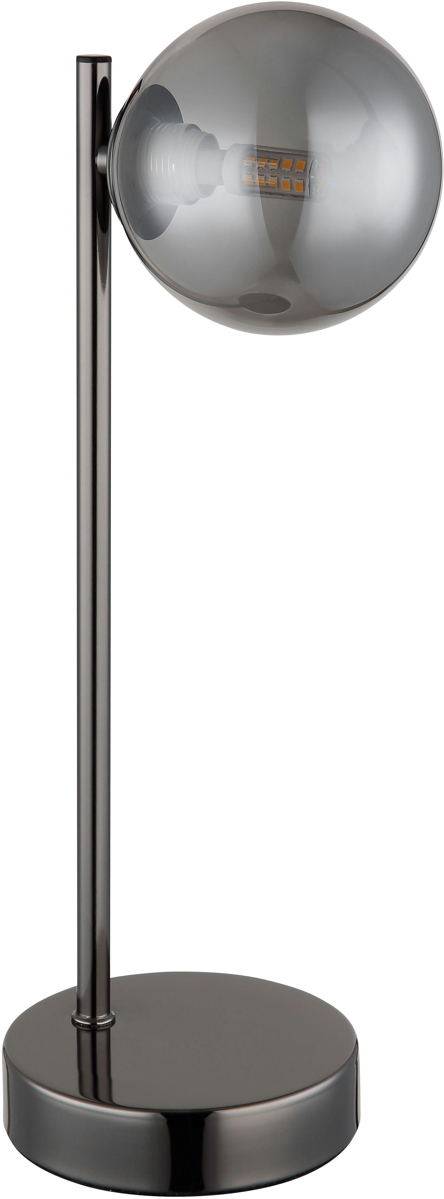 OTTO home Tischleuchte Aivven, Metall schwarz-chromfarben, rauchfarbenes Glas, ohne Leuchtmittel, Wippschalter am Kabel, 150 cm Kabellänge, 1x LED exkl., Ø 12cm