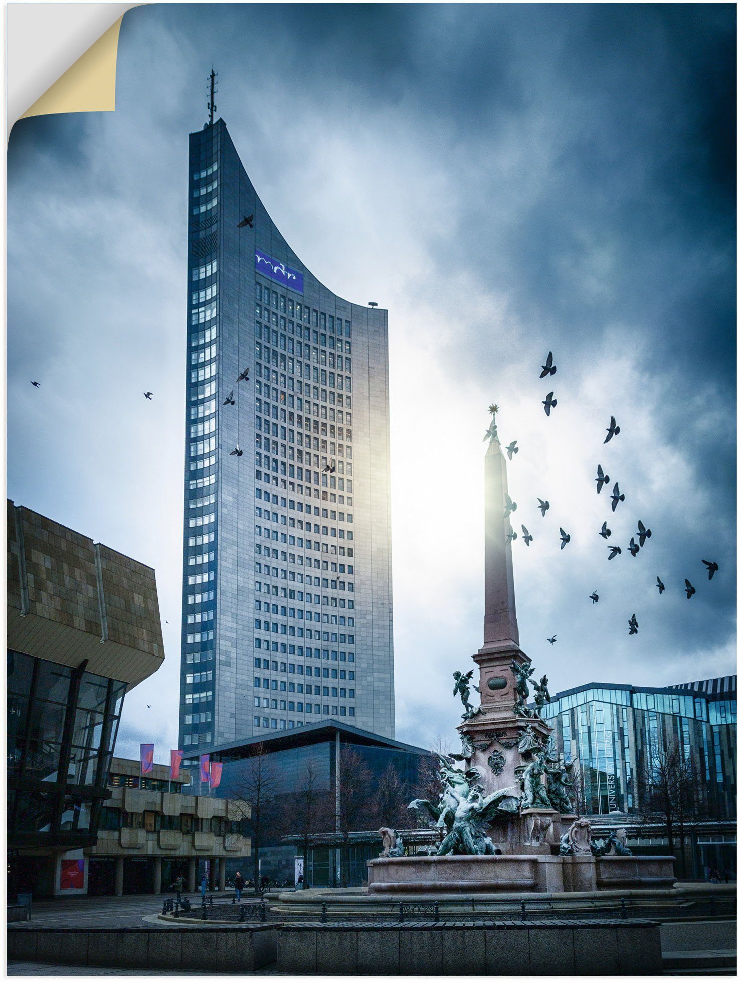 Artland Wandbild Hochhaus Leipzig Sonnenschein Wandaufkleber Wolken, und als versch. Leinwandbild, Alubild, St), Gebäude oder in (1 Poster Größen