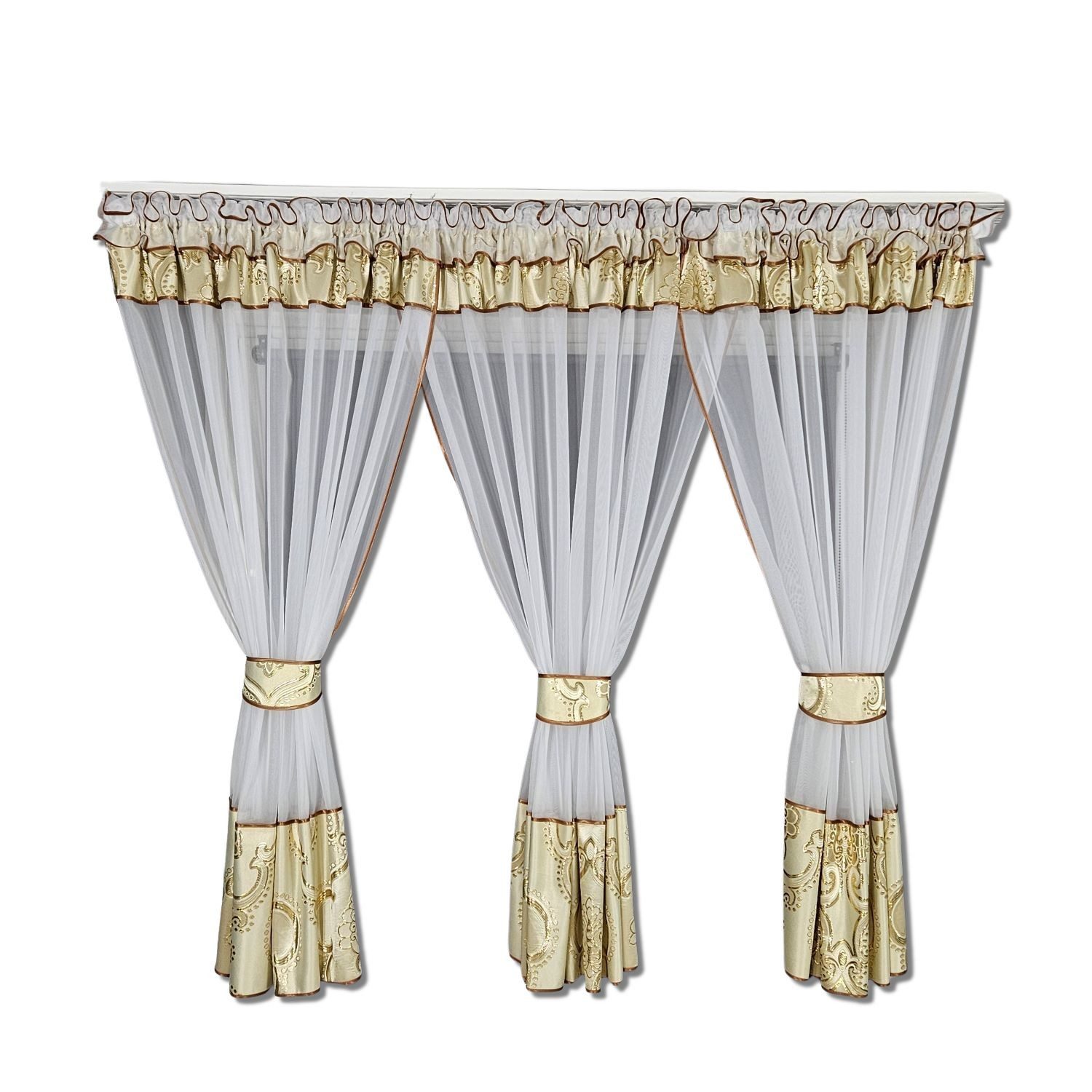 Gardinen by Justyna Vorhang 3er Gardine aus Voile Gold, Kräuselband, Lichtschutz, Fertiggardine,Blumengardine,Kräuselband,Weiß,Komplett Set,Store
