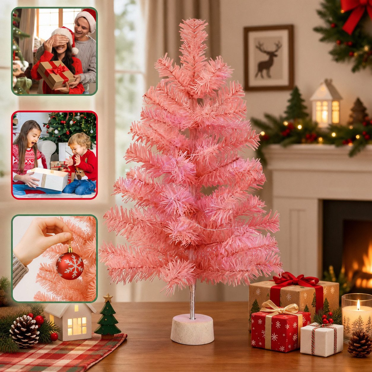 Ledklang Künstlicher Weihnachtsbaum 60cm Rosa – PVC Tannenbaum Ständer,Kleiner Dekobaum, 30×30×60 cm, für Weihnachten, Wohnraum, Büro & Fensterdekoration