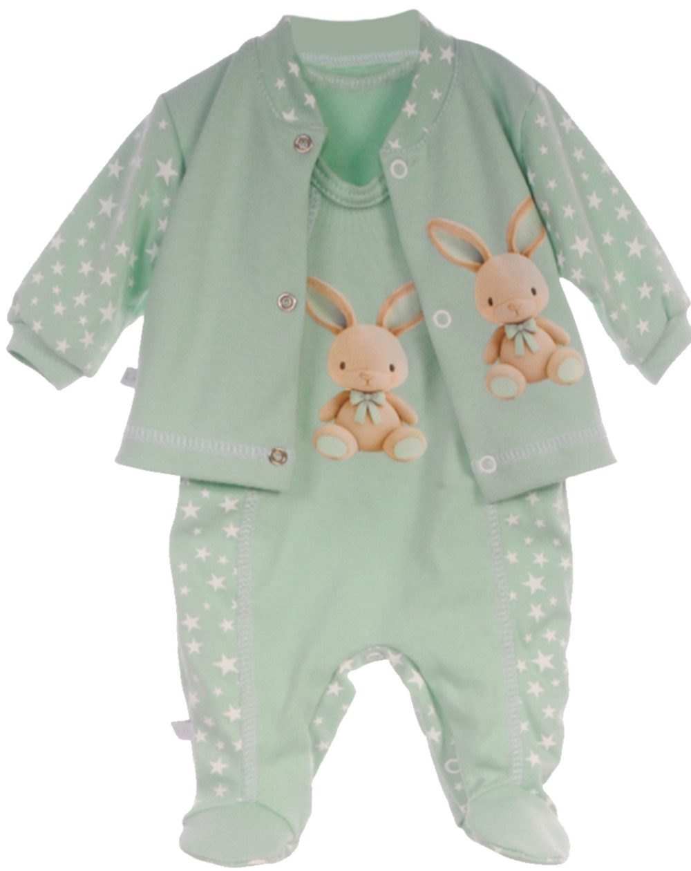 La Bortini Повзунки Повзункиhose Hemdchen Set Baby Anzug in Grün mit Hasen aus reiner Baumwolle, für Babys Erstlingsset, 44 50 56 62 68 74