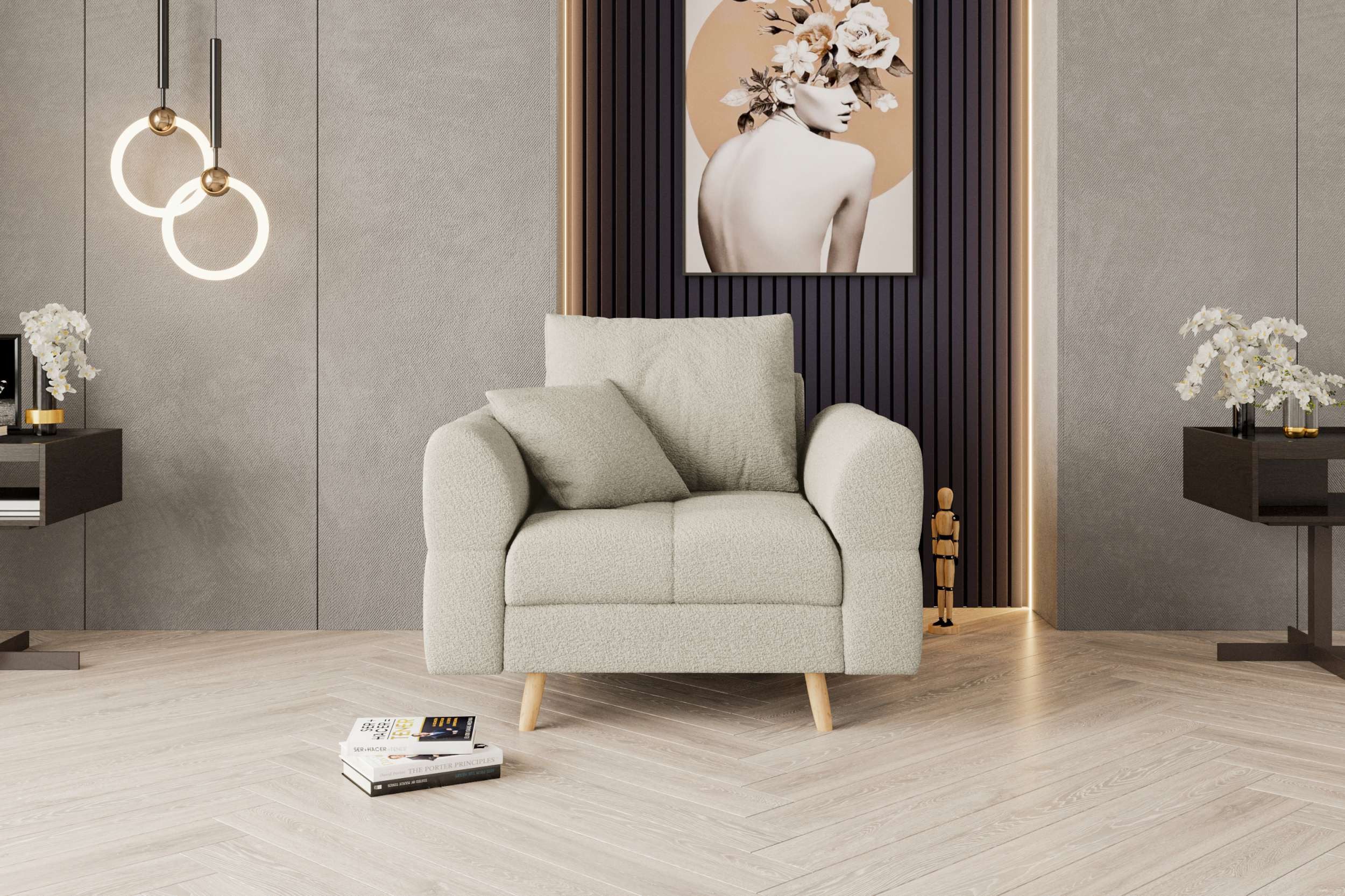 99rooms Sessel Bello (Armlehnensessel), mit Rundumbezug, inkl. Rückenkissen, hellbraune Holzfüße