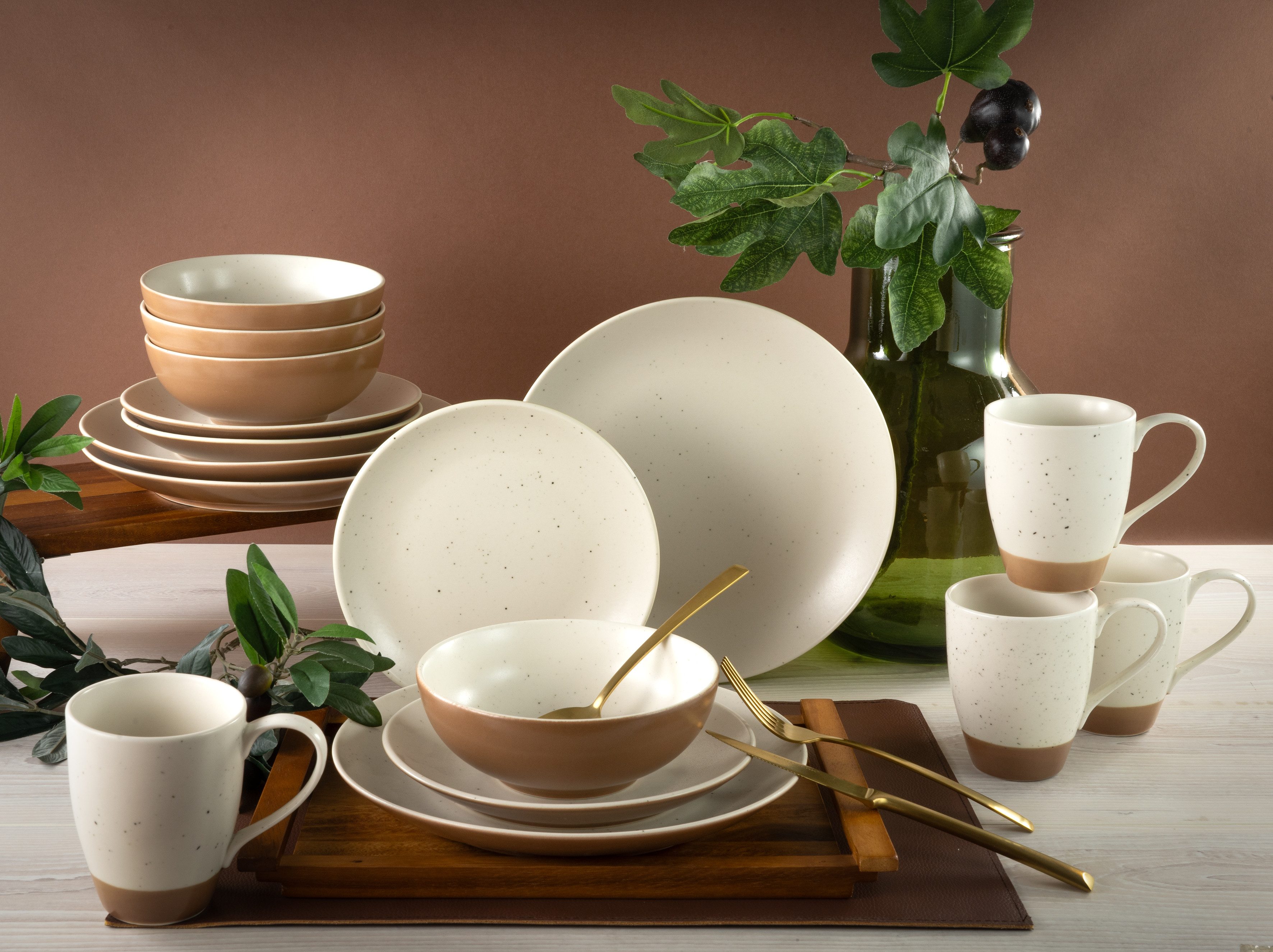 CreaTable Kombiservice Geschirr-Set Sand Dunes (16-tlg), 4 Personen, Steinzeug, Service, handwerklicher Töpfercharakter, 16 Teile, für 4 Personen