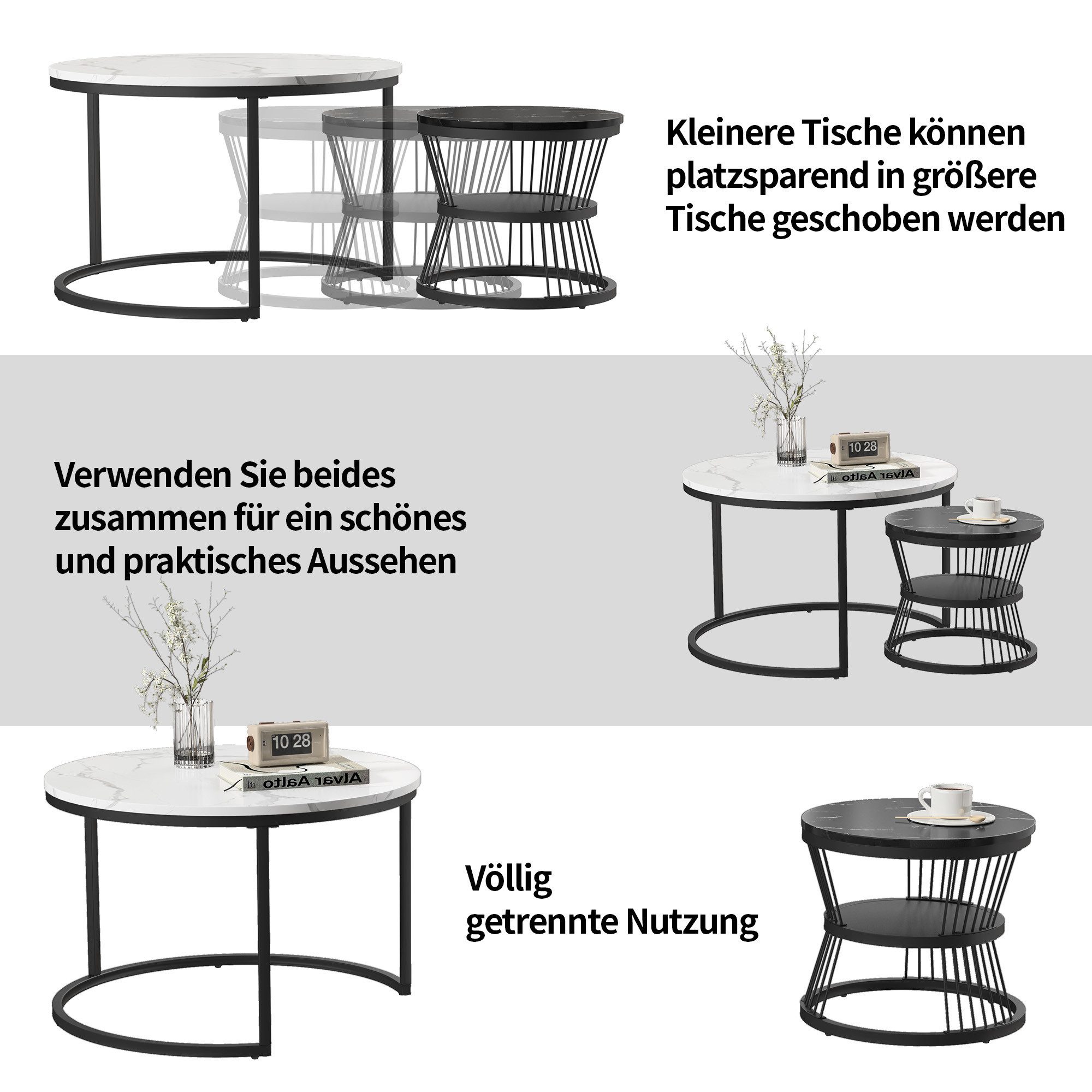 Furnishings Home Couchtisch rund Kaffeetisch Beistelltisch Satztische 2er Set, Große Werbung (2-St., Zweiteiliges Set), 2tlg. mit Marmormuster, 70 x 45.5 cm + 4 – Bild 5 von 5