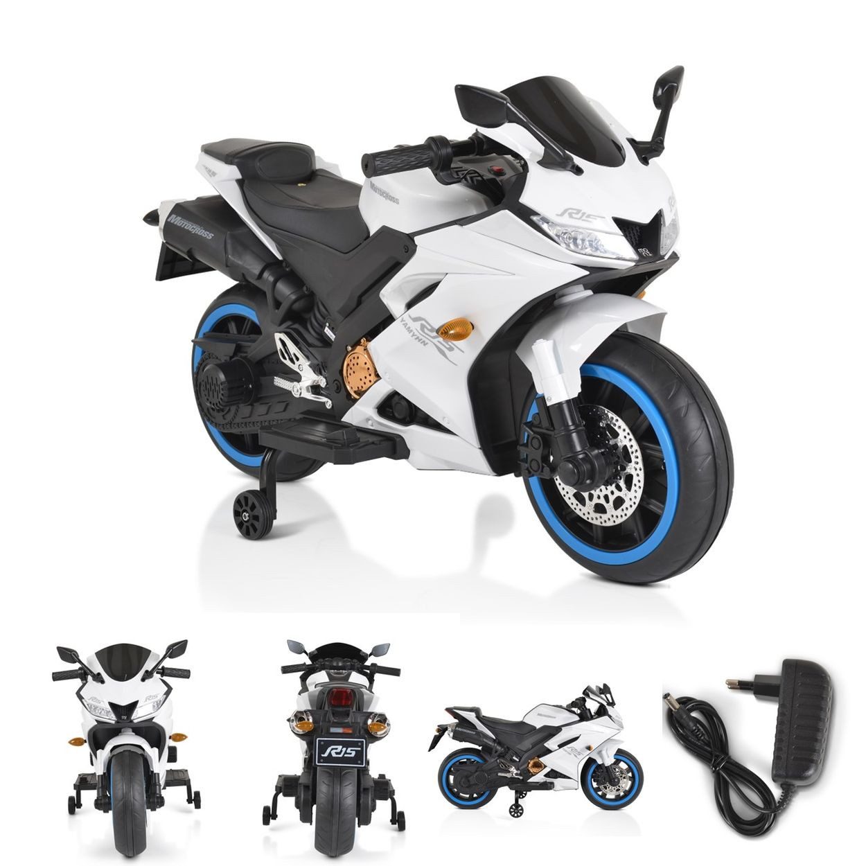 Moni Elektro-Kindermotorrad Motocross, Belastbarkeit 30 kg, Stützräder, Bluetooth, MP3-Ausgang, LED-Lichter, Gaspedal, bis 6 km/h
