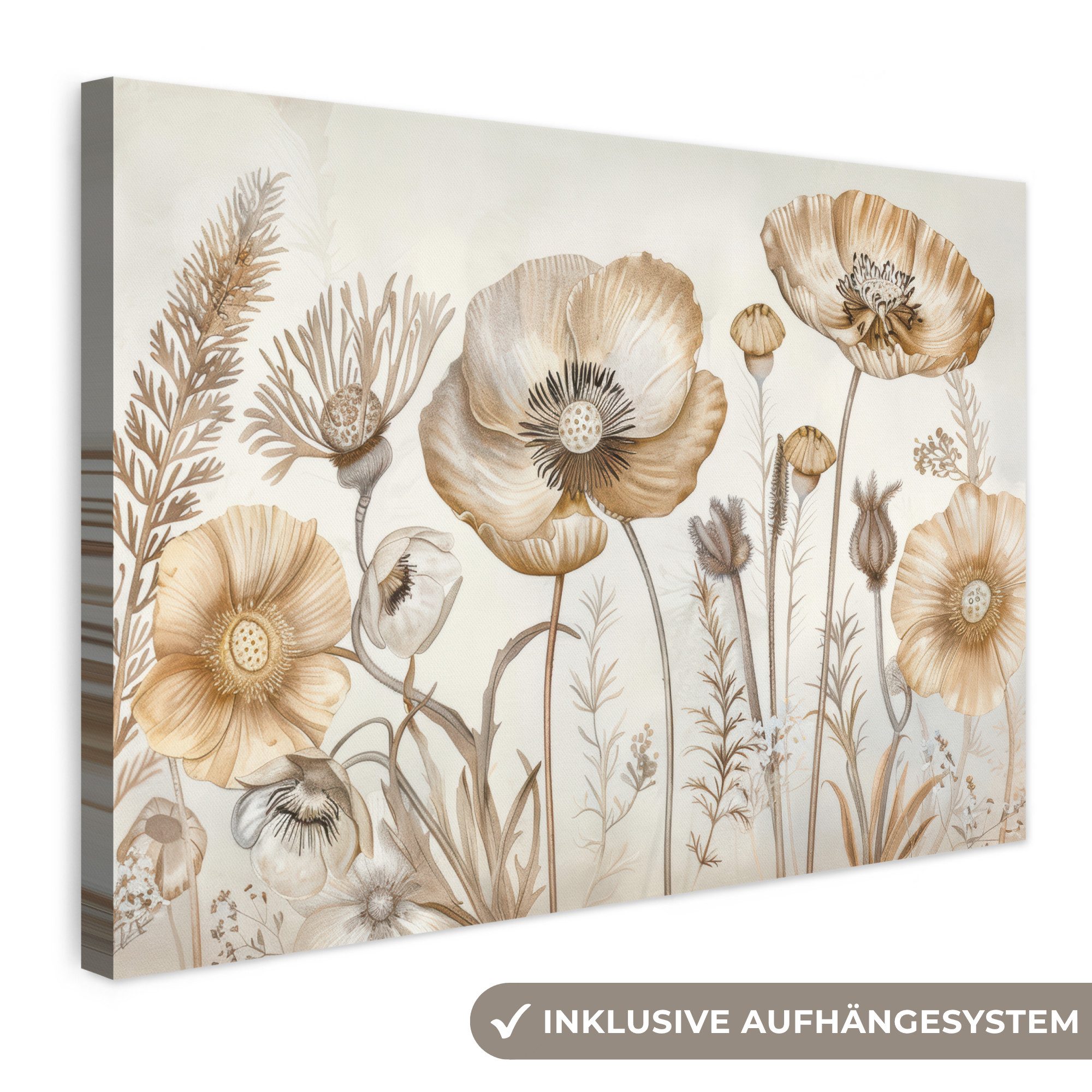 OneMillionCanvasses® Leinwandbild Blumen - Beige - Natur - Illustration, Fotodruck (1 St), Leinwand Bilder Klein, Wand Dekoration Aesthetic 30x20 cm