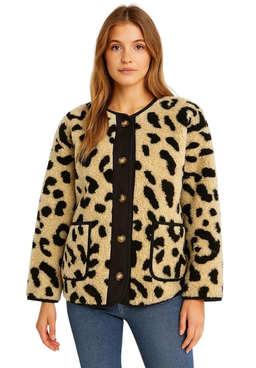 Worldclassca Fellimitatjacke Worldclassca Teddy Jacke Warm Kuschelig Leopard Optik Kurz Plüchjacke Animal Muster