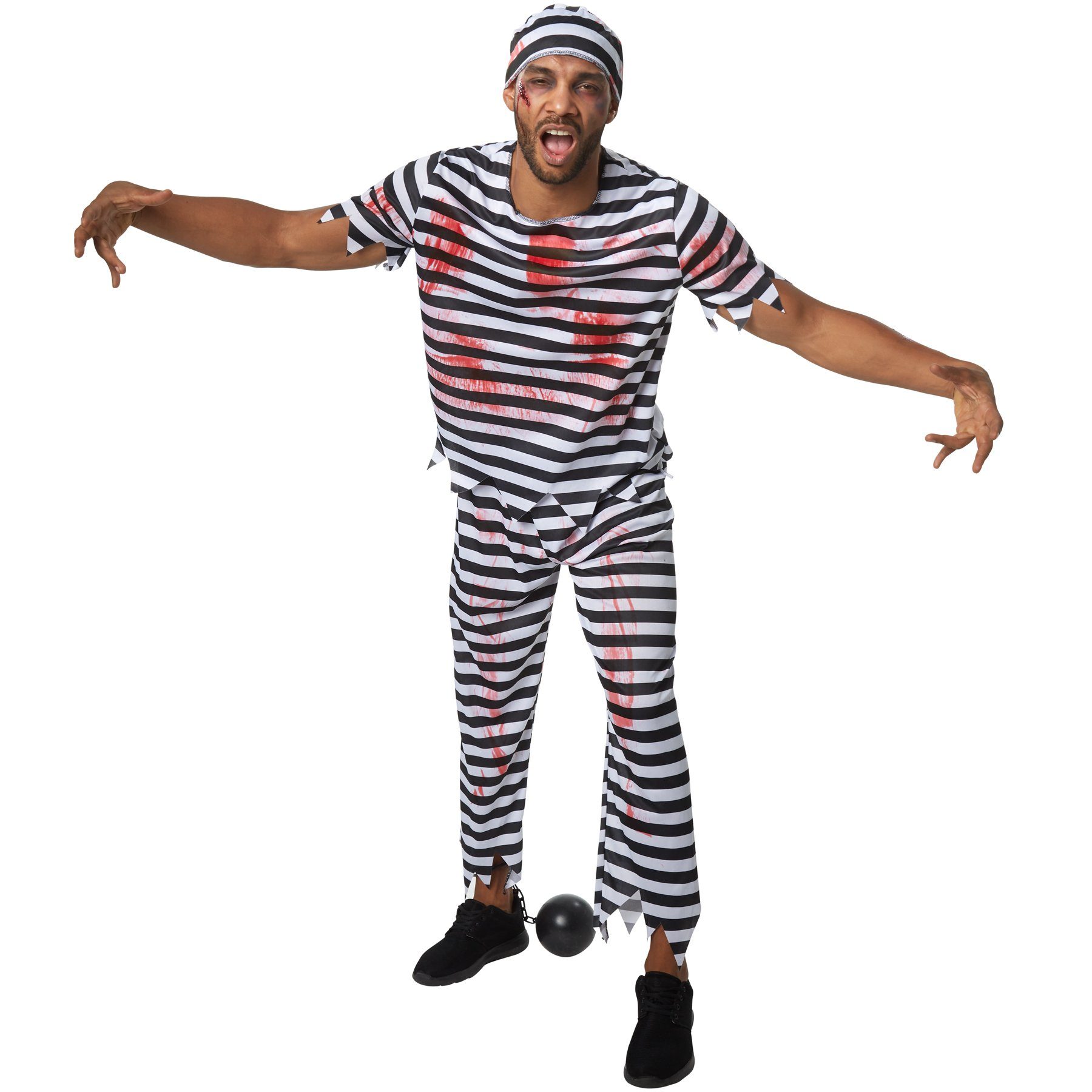 dressforfun Kostüm Herrenkostüm Gruseliger Zombie Sträfling, Gestreiftes Outfit in Gefängnis-Optik