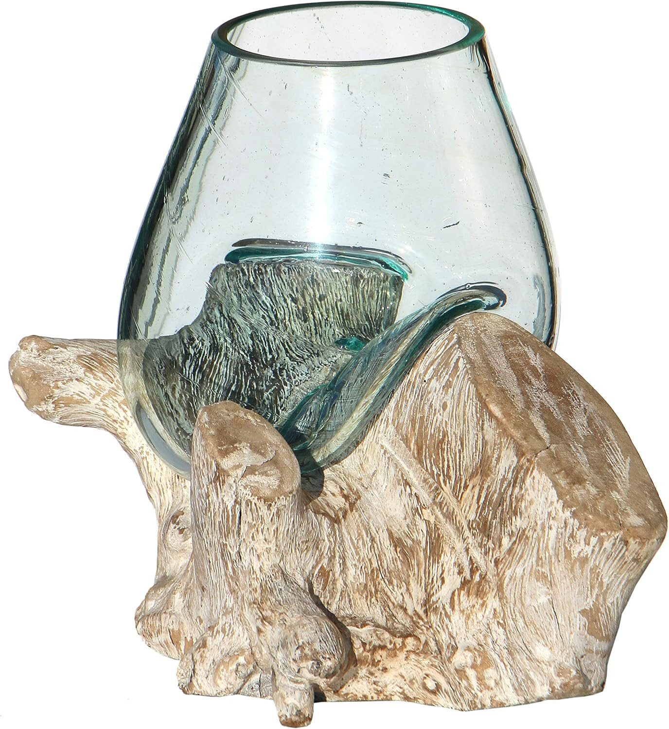 Dekovase Glas-Vase auf weißem Wurzelholz Teakholz Gamal