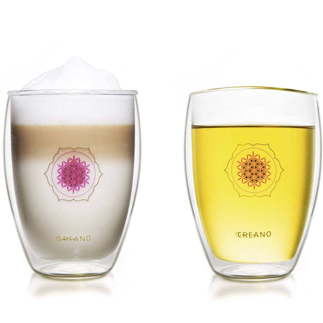 Creano Teeglas 2er-Set Thermo-Glas “Blume des Lebens”, 250ml, Borosilikatglas, 2-teilig
