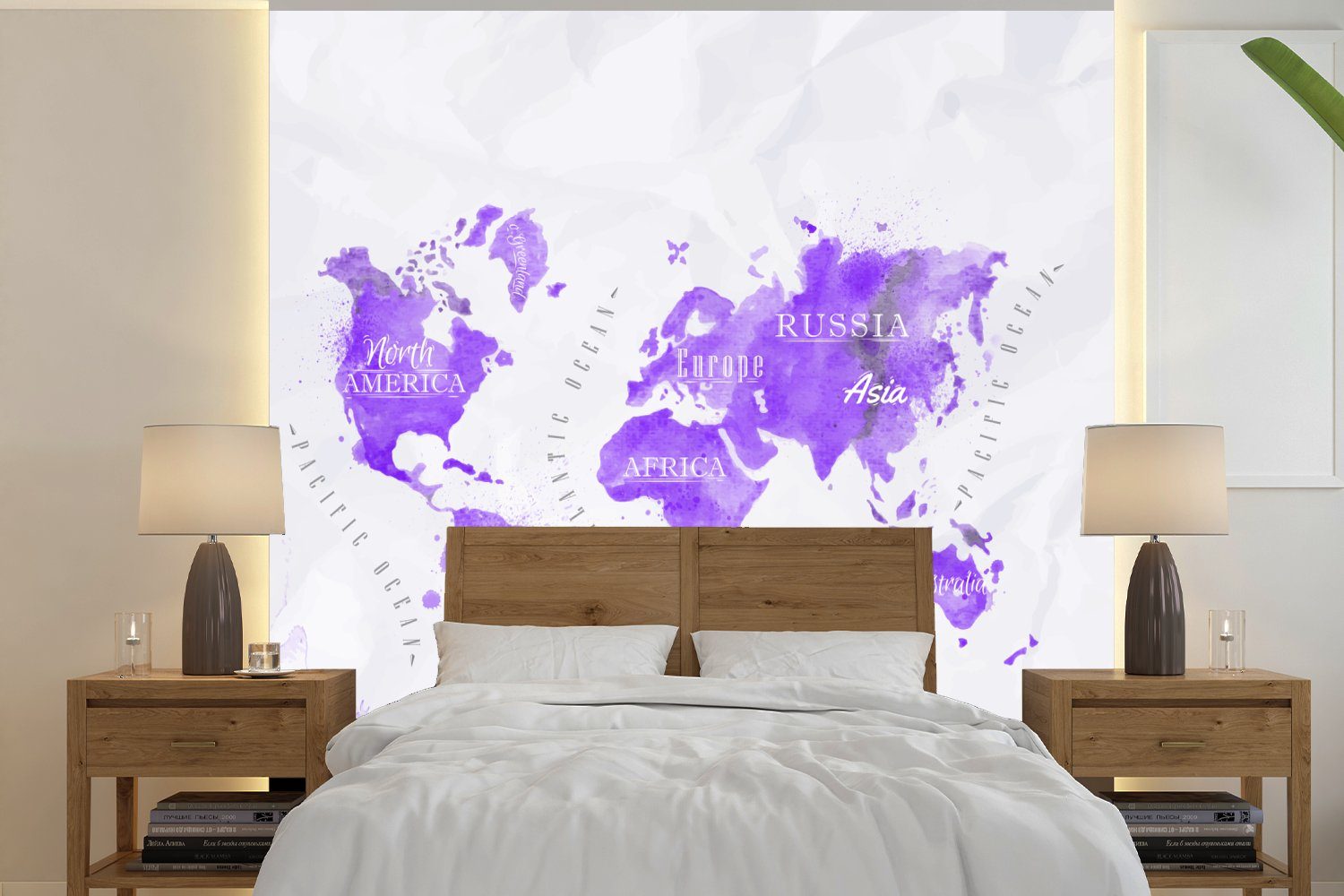 MuchoWow Fototapete Weltkarten - Ölfarbe - Violett, Matt, bedruckt, (4 St), Vliestapete für Wohnzimmer Schlafzimmer Küche, Fototapete