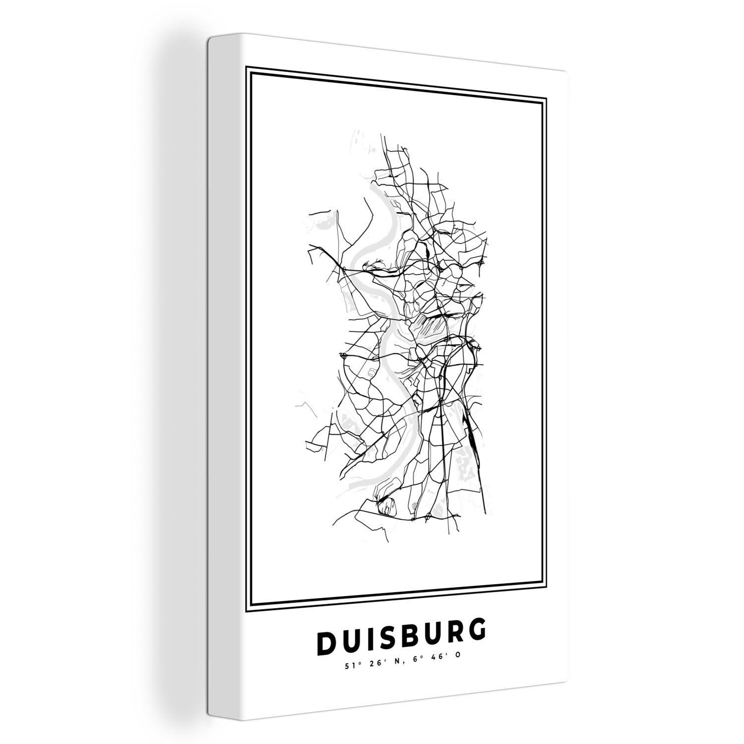 St), Duisburg Deutschland - Leinwandbild fertig Karte, - Zackenaufhänger, - bespannt - 20x30 cm Stadtplan (1 Leinwandbild OneMillionCanvasses® Gemälde, Schwarz-weiß inkl.