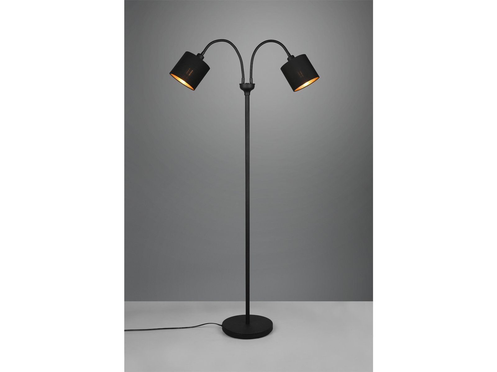 Reality Leuchten LED Stehlampe, Dimmfunktion, LED wechselbar, Warmweiß, kleine ausgefallene Schwanenhalslampe zweiflammig Schwarz Gold H 130cm