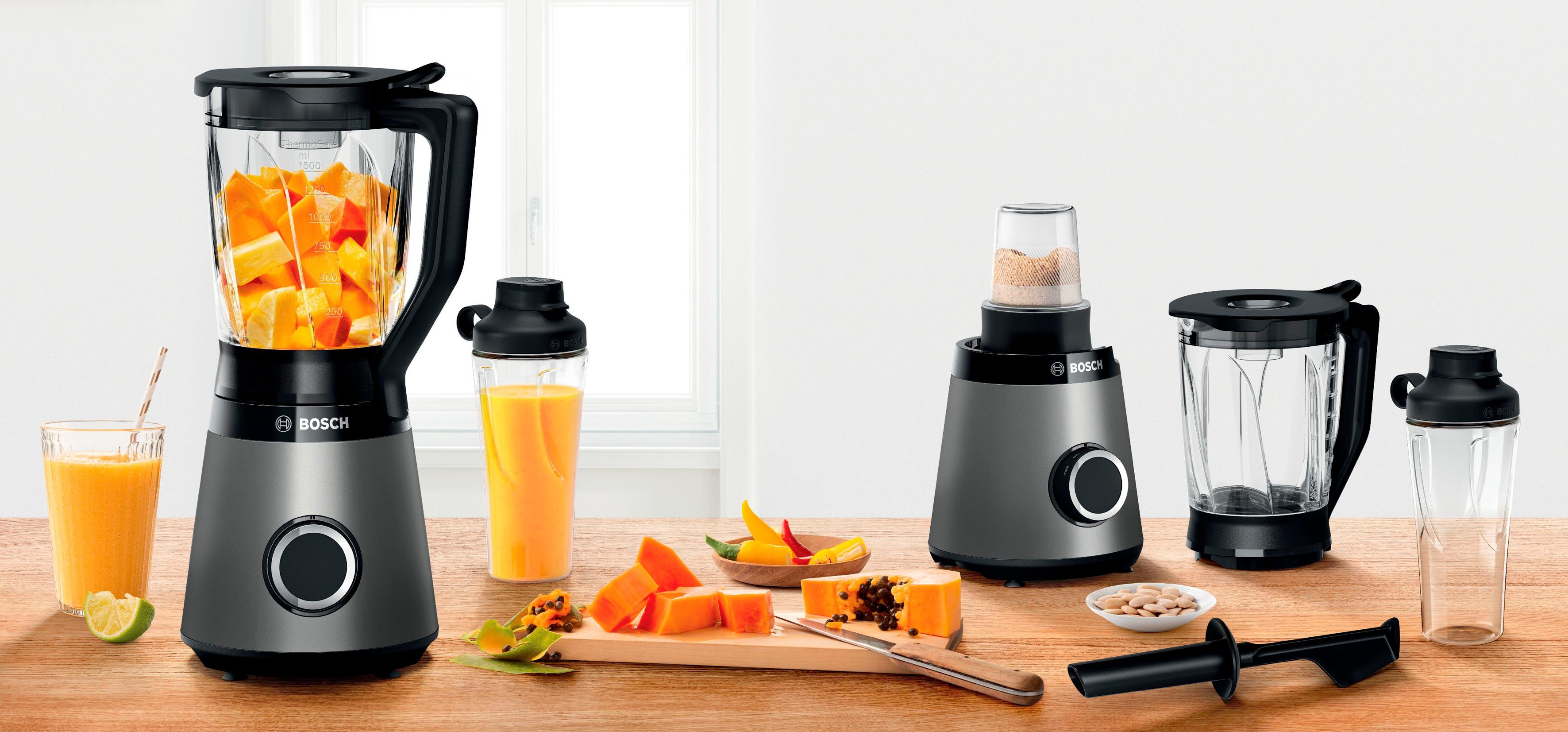 BOSCH Standmixer VitaPower Serie 4 MMB6177S, 30.000 U/min, 1,5l Thermoglas, ToGoFlasche, 1200 W, 4 Klingen-Messer, Universalzerkleinerer, Made in Europe, Kabelstaufach