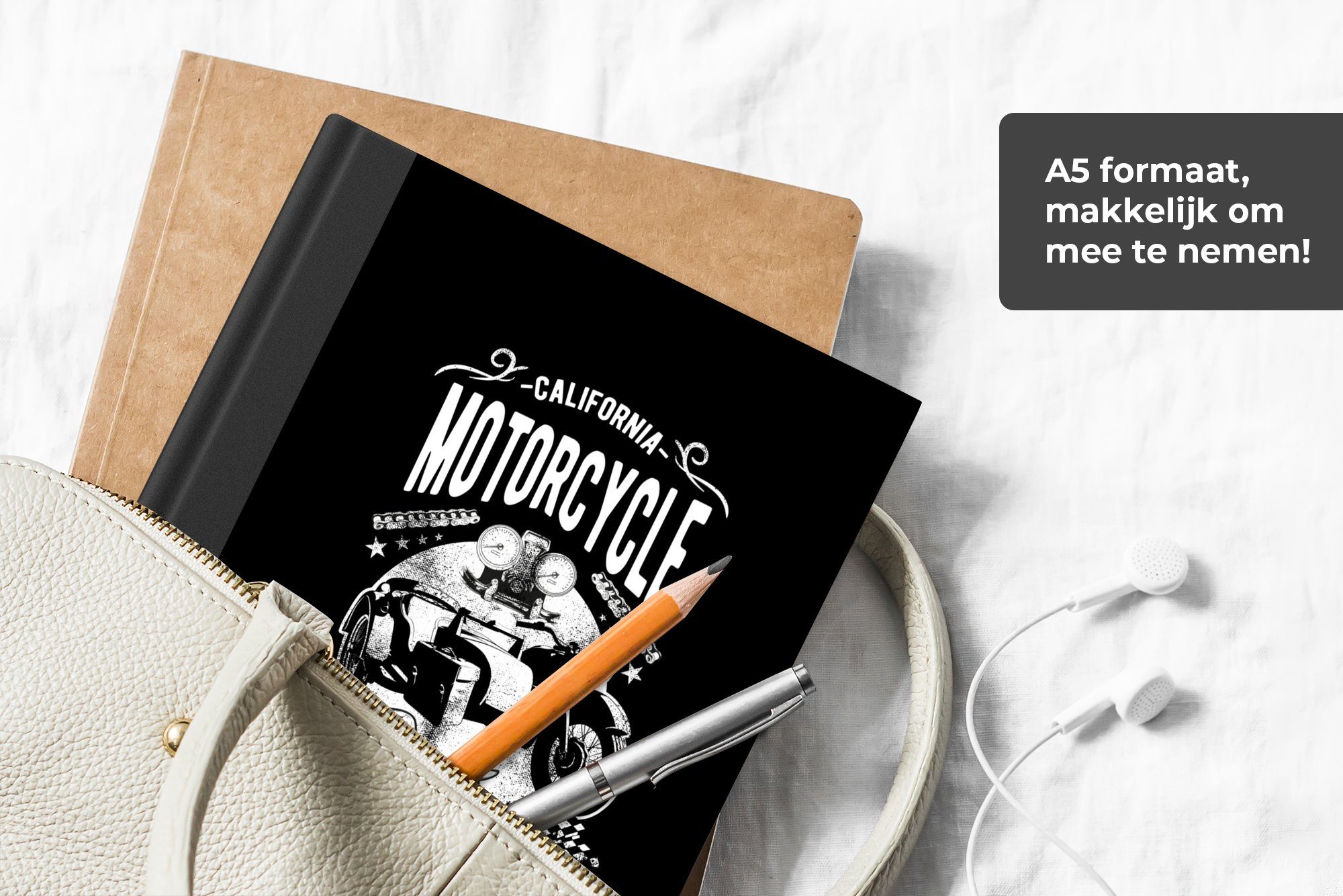 MuchoWow Notizbuch Retro-Illustration des Merkzettel, Motorcycle schwarzen, Journal, Haushaltsbuch Club 98 auf Tagebuch, California A5, Notizheft, Seiten, einem