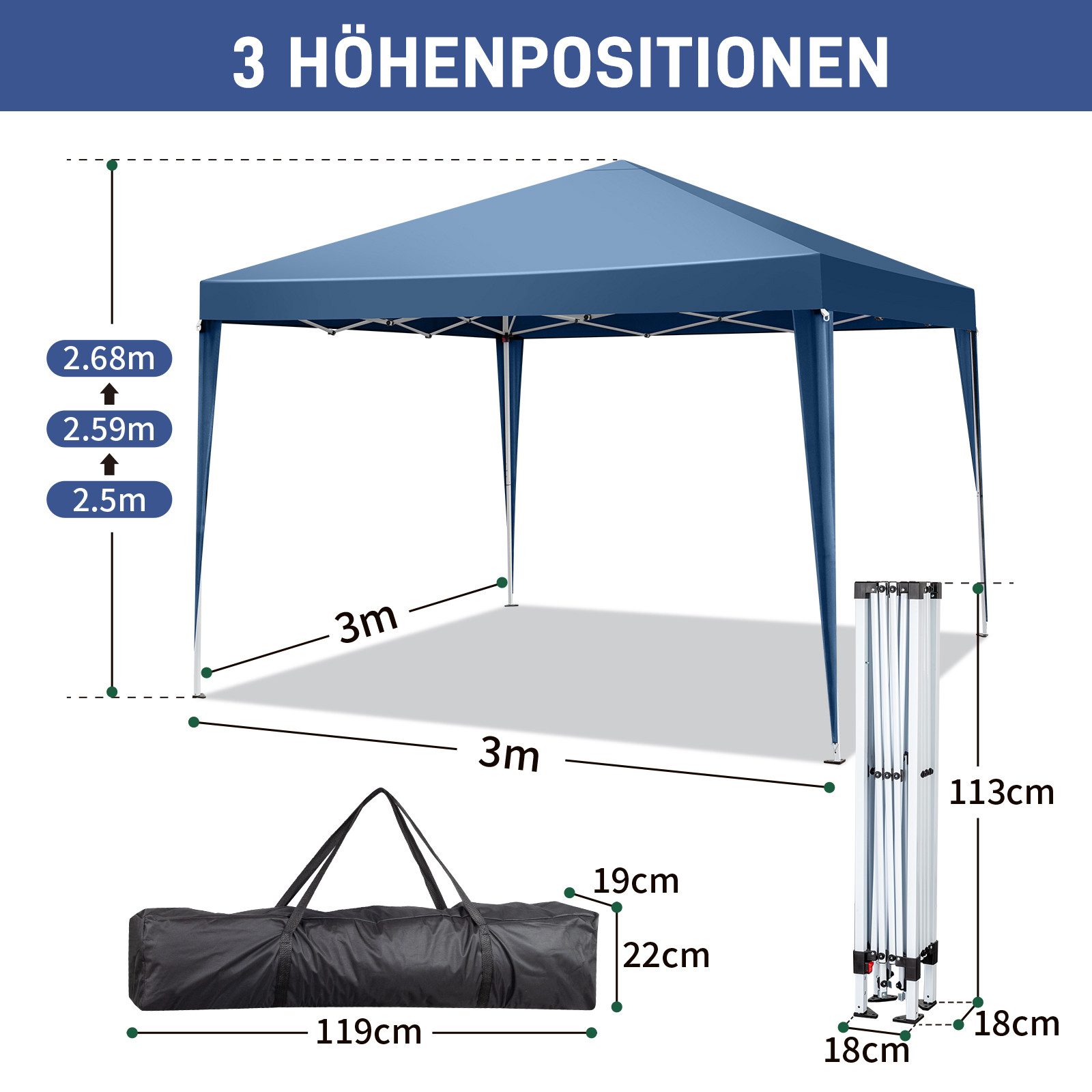LALAHO Faltpavillon Pavillon 3x3m Pop-Up Gartenzelt höhenverstellbar, Partyzelt, UV-Schutz Gartenpavillon mit Tasche Faltzelt, für Garten, Balkon – Bild 2 von 5