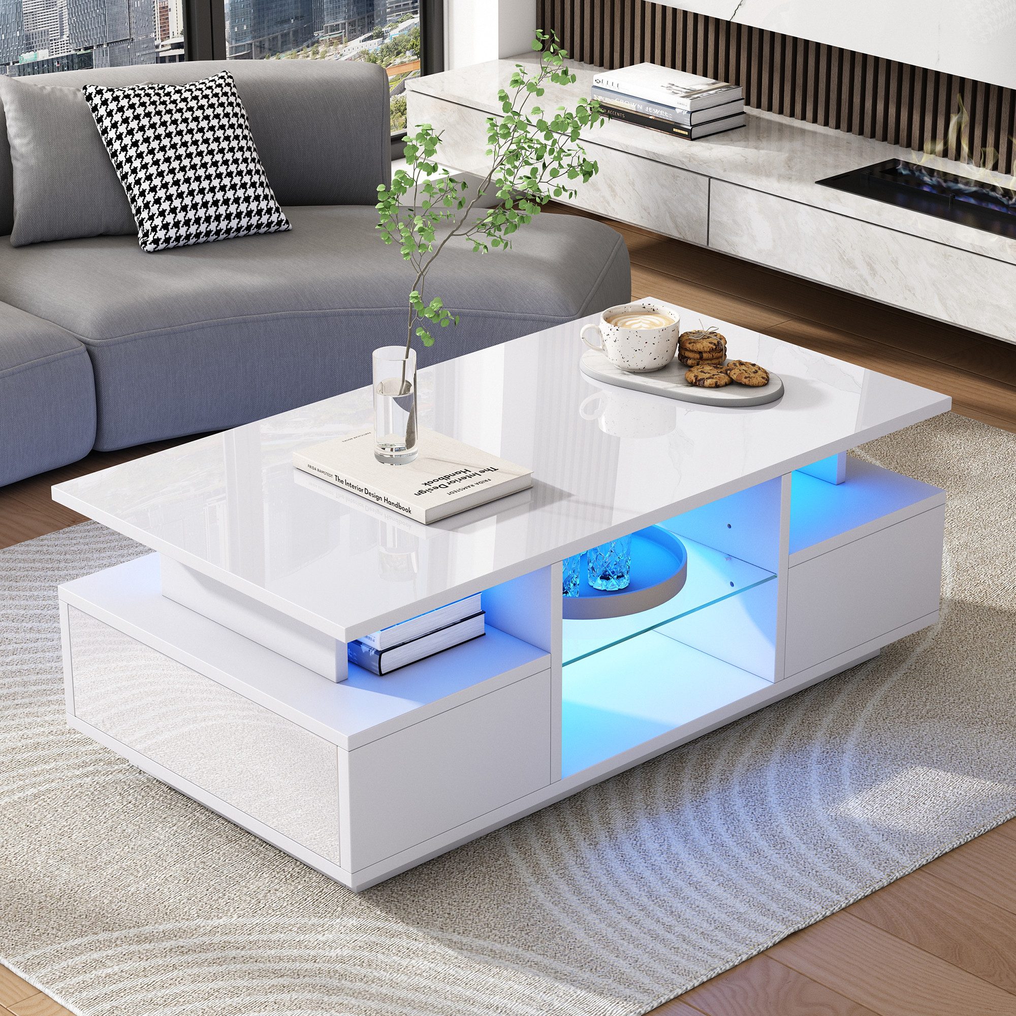 Merax Couchtisch hochglanz Sofatisch Beistelltisch mit LED-Beleuchtung (Kaffeetisch 100x50x36cm, 1-St), Wohnzimmertisch mit 2 Schubladen, Glasablagen & offenem  – Bild 3 von 5