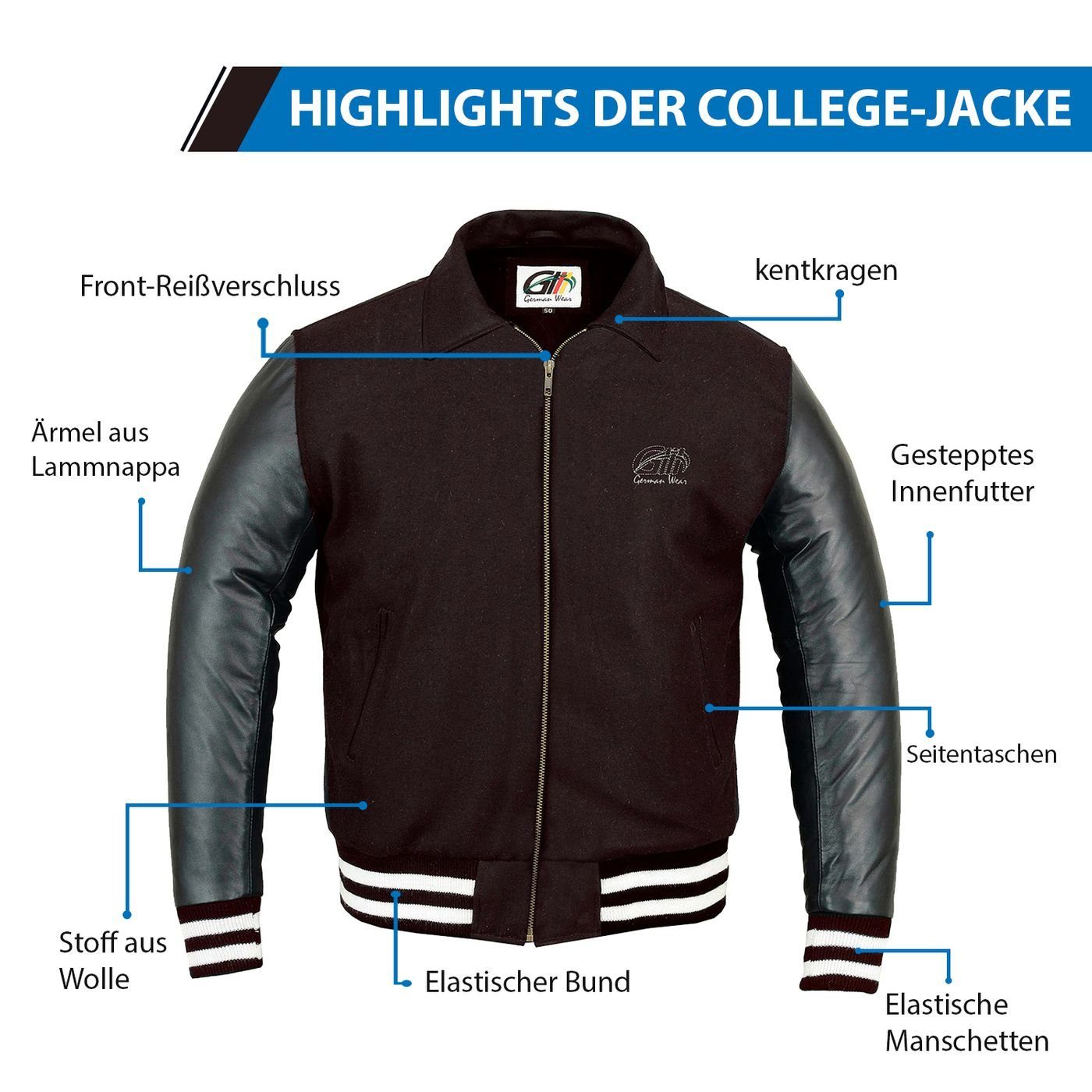 German Wear Collegejacke CJ003 Collegejacke Wolljacke Blouson Lederärmel Dunkelbraun
