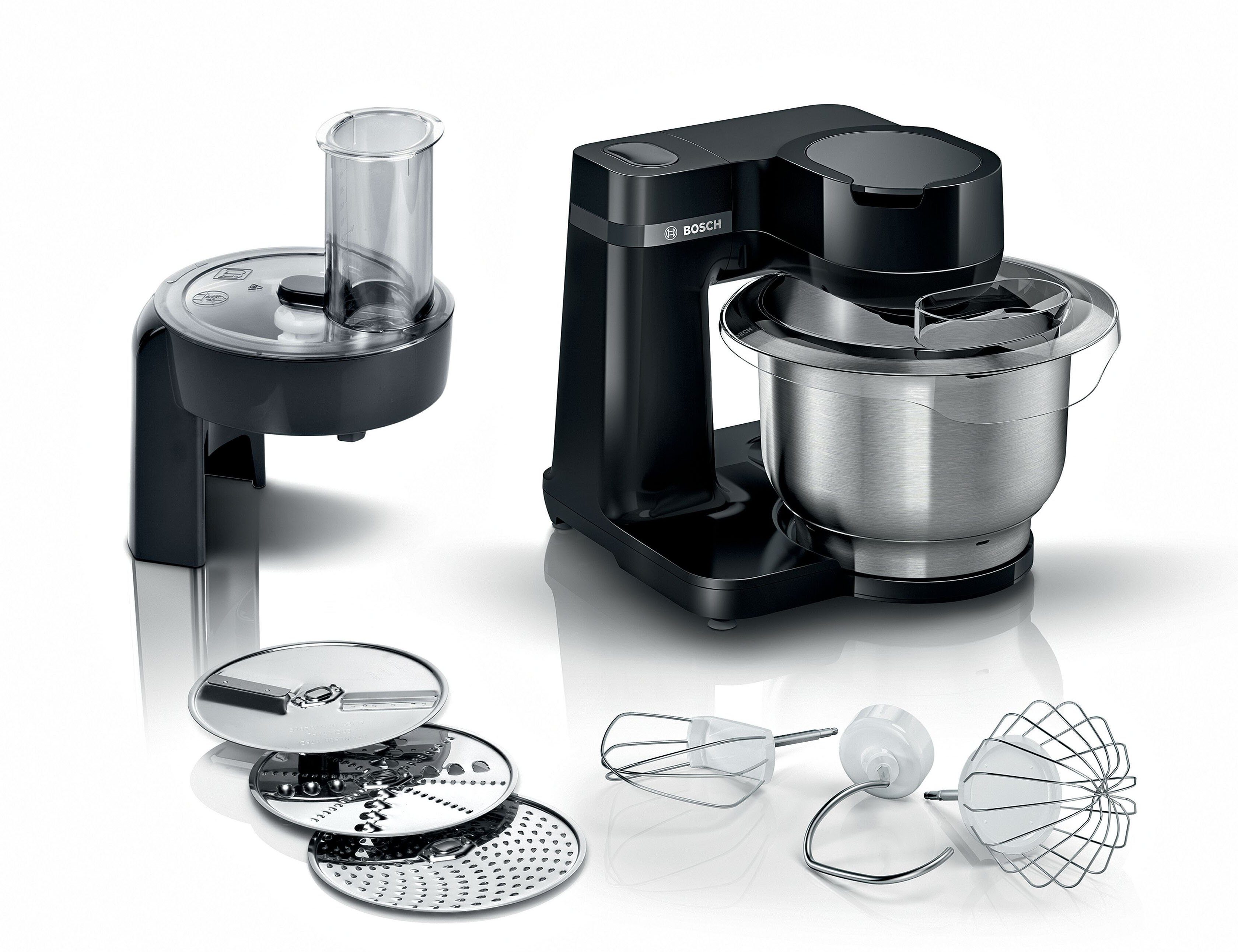 BOSCH Küchenmaschine MUMS2EB01 MUM Serie 2, 700 W, 3,8 l Schüssel, Durchlaufschnitzler, 3 Reibescheiben, Patisserieset Edelstahl