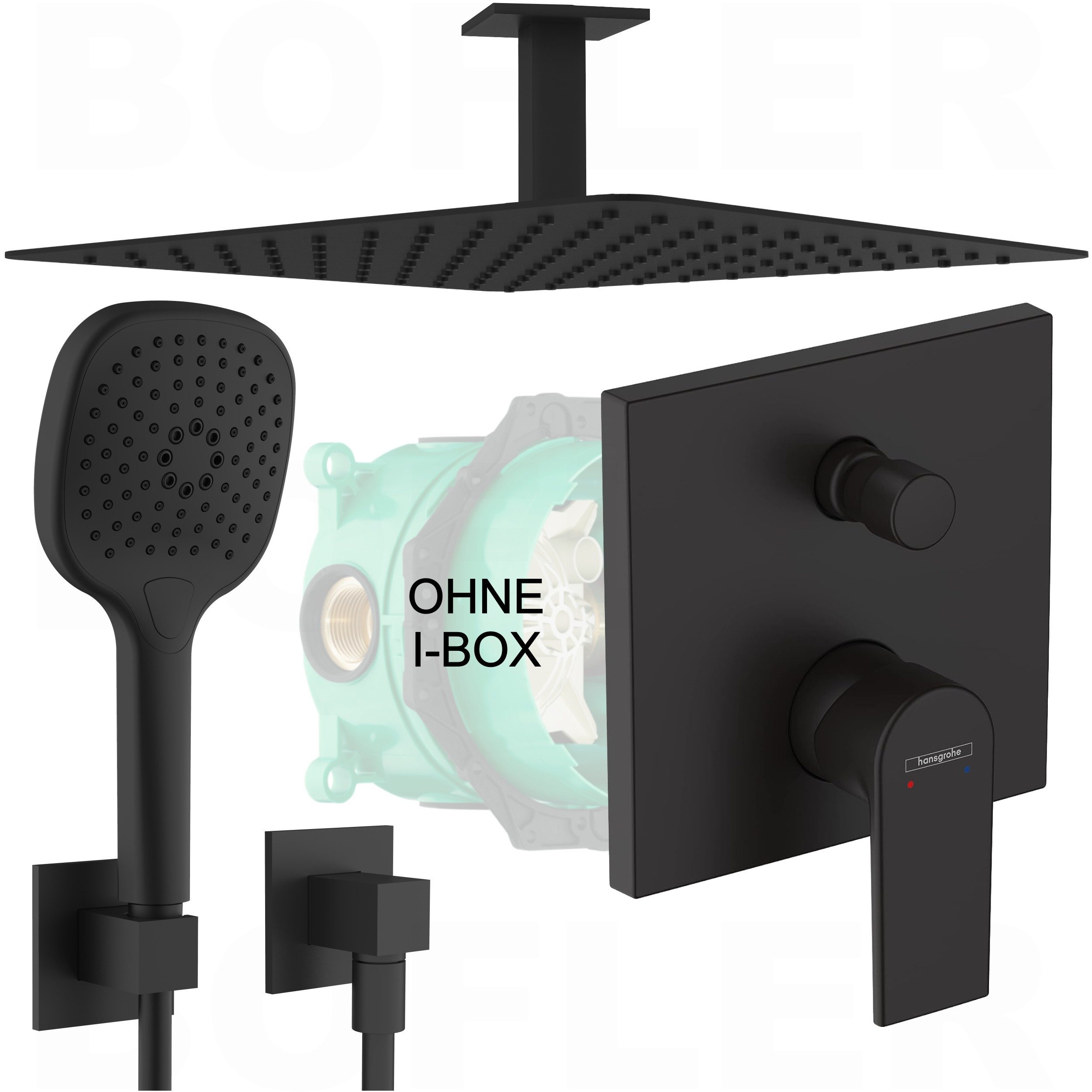 Hansgrohe und Bofler Duscharmatur Hansgrohe "VERNIS SHAPE" Unterputz Armatur mit Umsteller (OHNE IBOX 1 !, Unterputz Duschsystem, Duschanlage, Duschset, inkl. BOFLER Brauseset #73-O, Regendusche 30x30cm, Deckenarm) matt schwarz, Wassersparende Regendusche