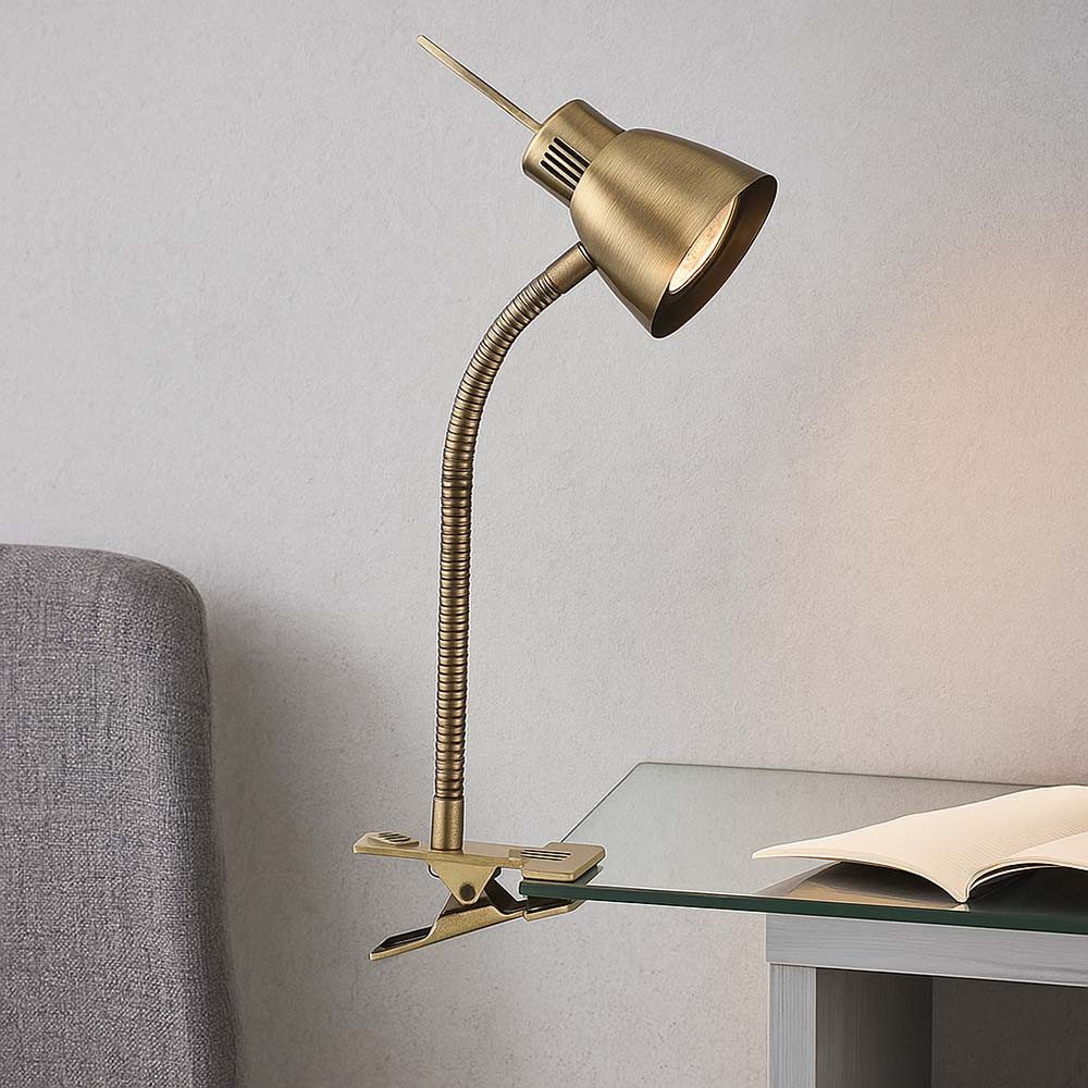 GLOBO LIGHTING Klemmleuchte, Leuchtmittel inklusive, Warmweiß, Nachttischlampe Klemmleuchte altmessing Tischlampe