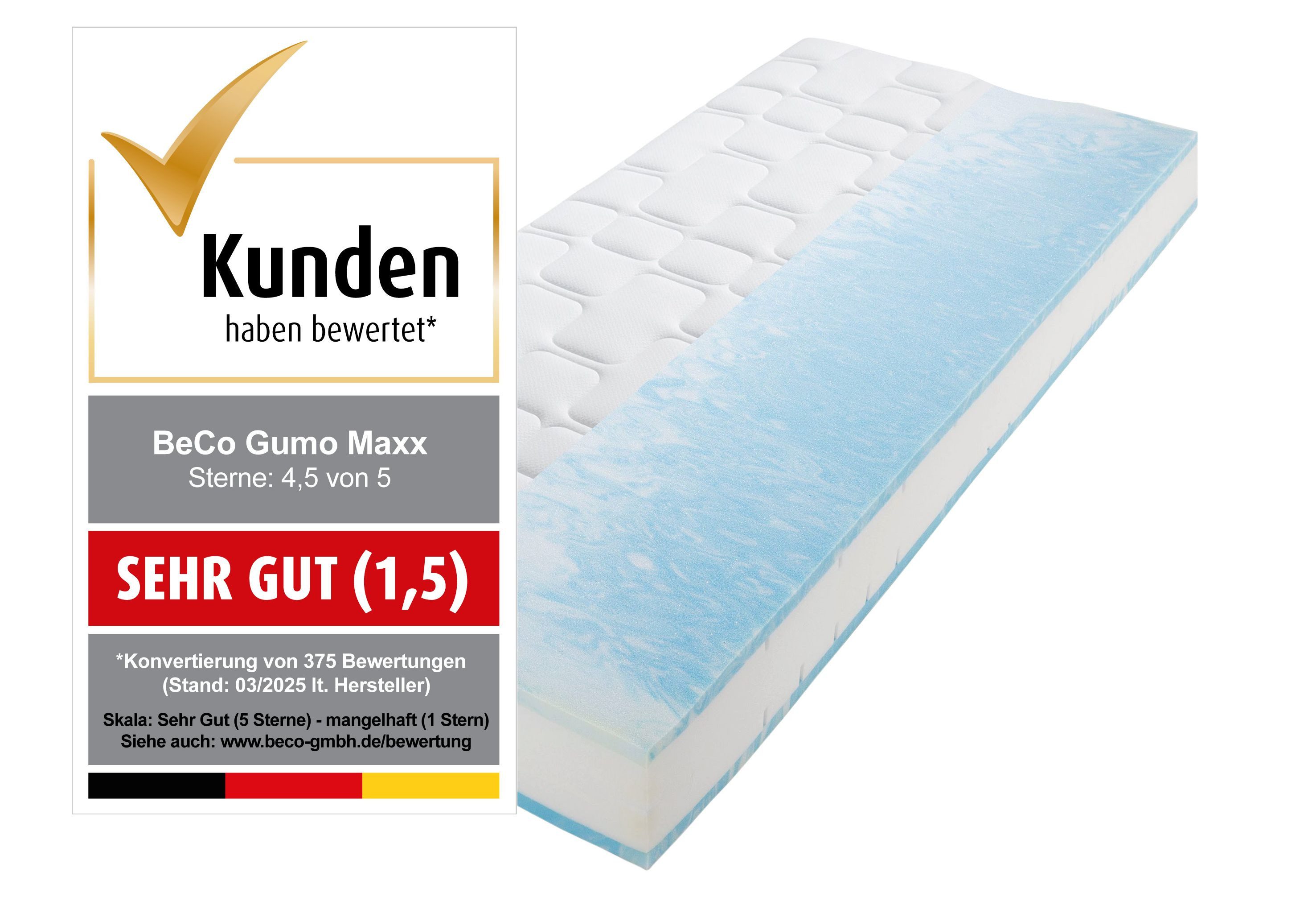 Gelschaummatratze GUMO MAXX, 7 Zonen Matratze 90x200,140x200 und weitere Größen, Beco, 25 cm hoch, druckentlastende Gelschaumauflage, weiche & feste Seite, atmungsaktiv