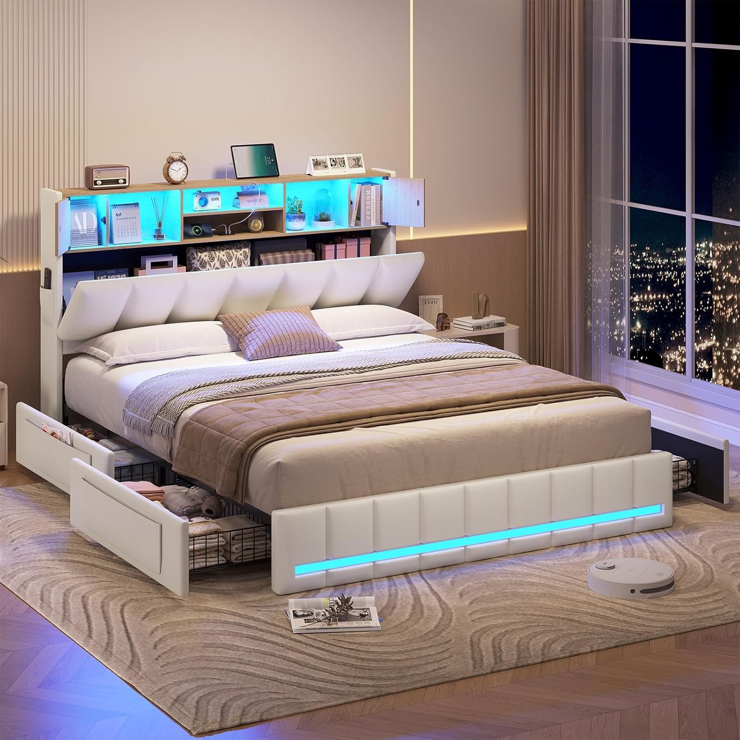 KIMENICH Polsterbett Bettgestell mit LED-Beleuchtung, 4 Schubladen, Ladestation, 140x200 cm, Weiß – Bild 3 von 5