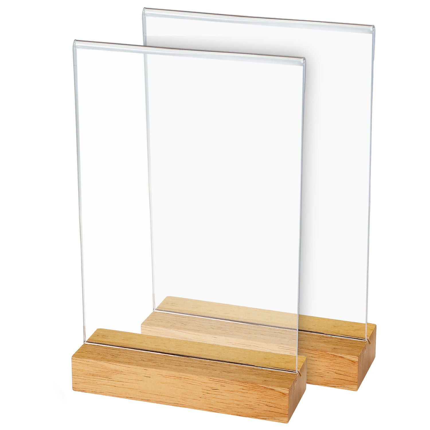 HMF Einzelrahmen Acryl Tischaufsteller im DIN A5 Hochformat, (2 St), Tischkartenhalter mit massivem Holzfuß aus Eiche T-Aufsteller Glasklar