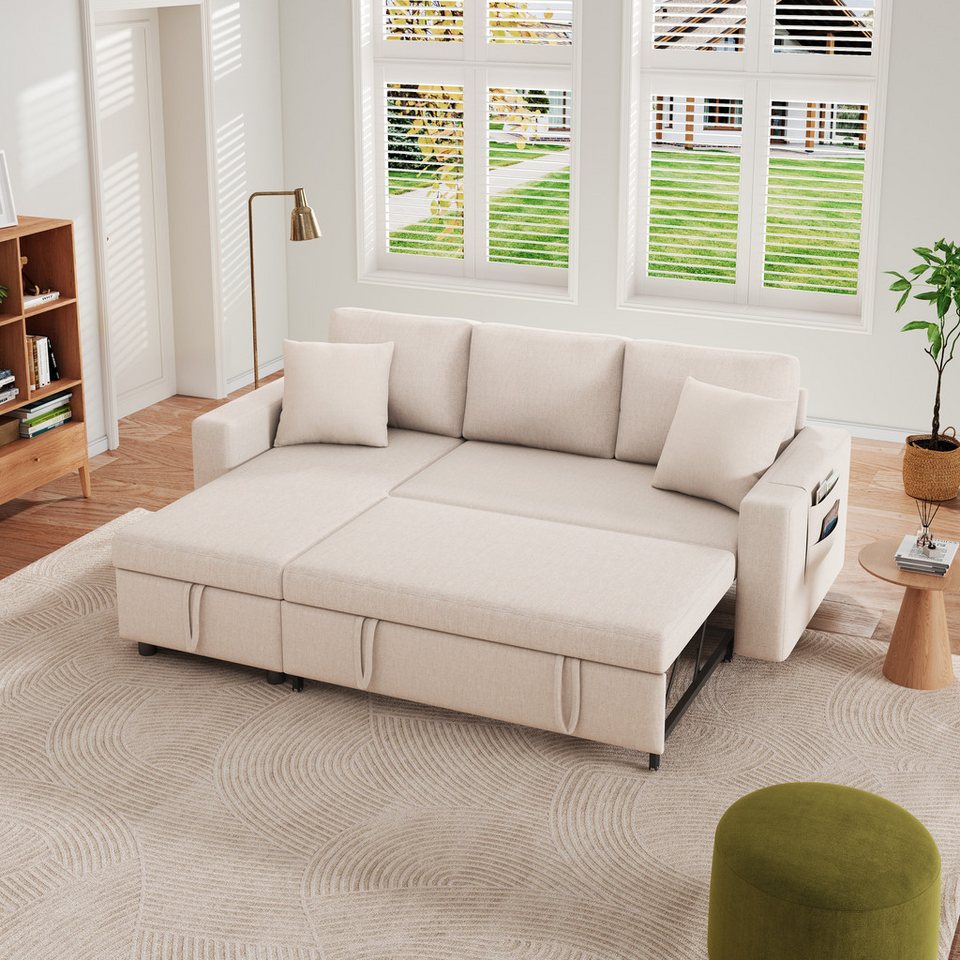i@home Schlafsofa mit Bettkasten & Schlaffunktion, L-Form EckSofa mit austauschbarer Chaiselongue, Stoffsofa in Beige, Schlaf Couch