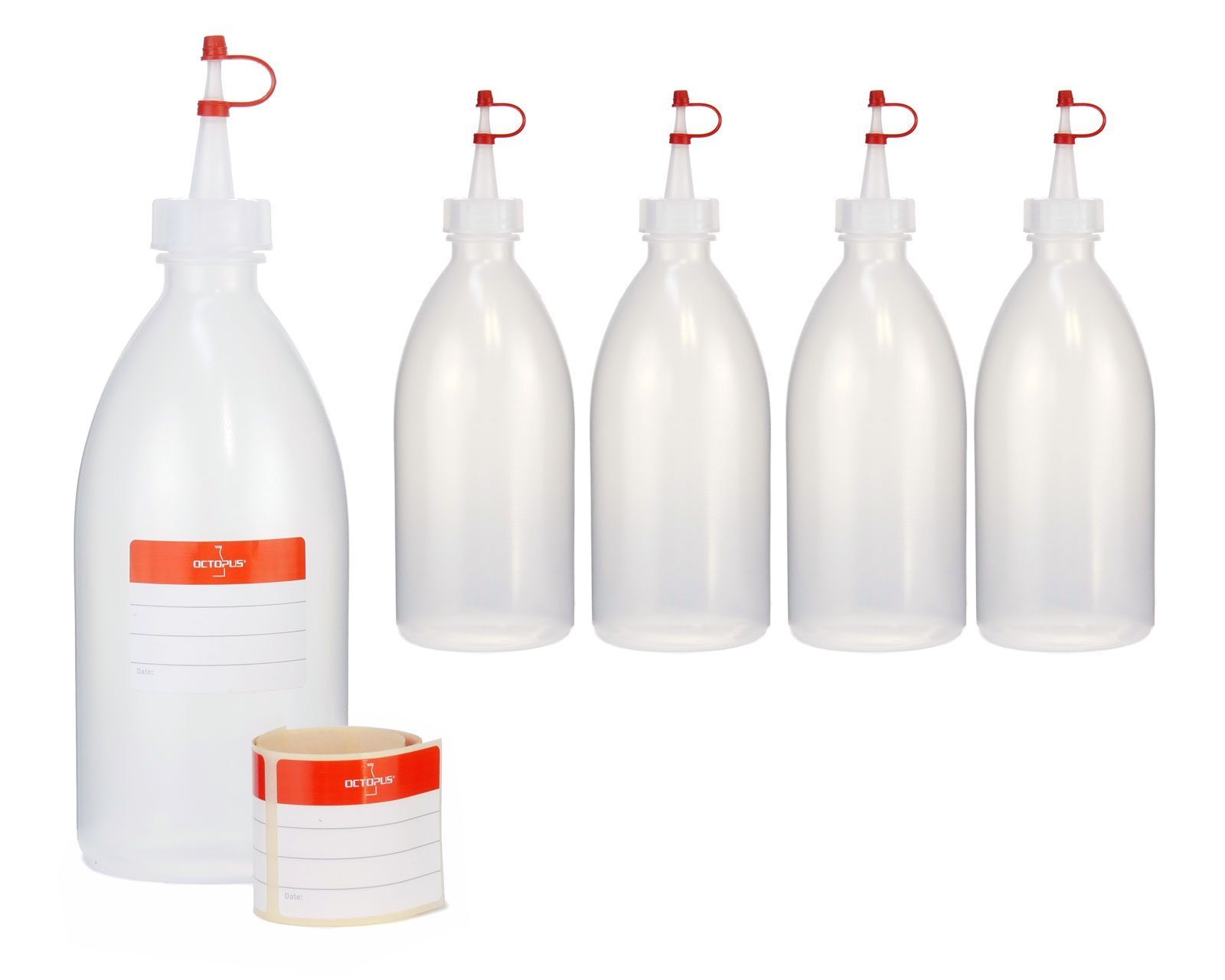 OCTOPUS Kanister 5 Plastikflaschen 500 ml aus LDPE, natur, G25, Tropfverschluss, rotes (5 St) | Kanister