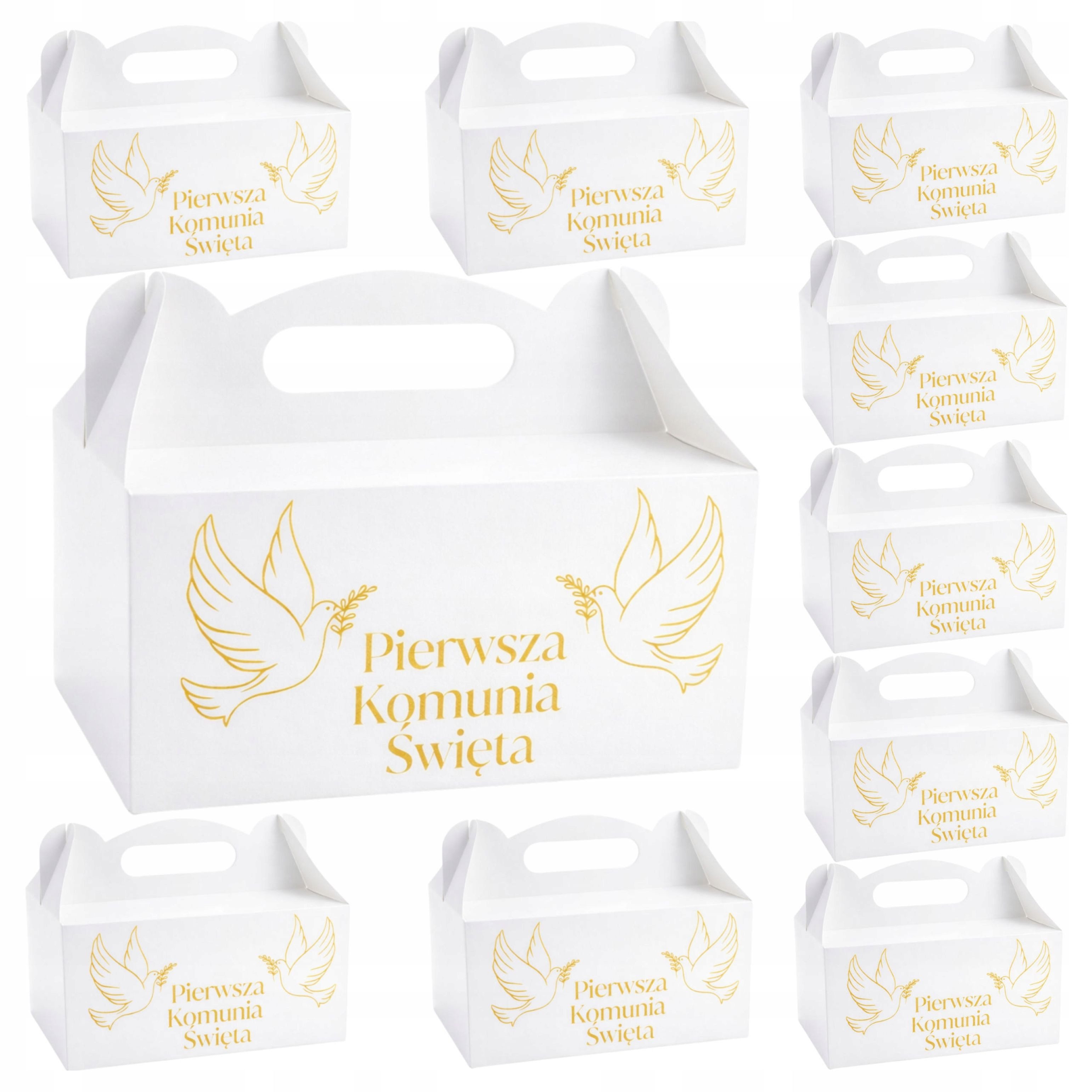 Festivalartikel Kommunionskarte 10x Kommunion Kuchenbox Weiß Gold Tauben Geschenkbox